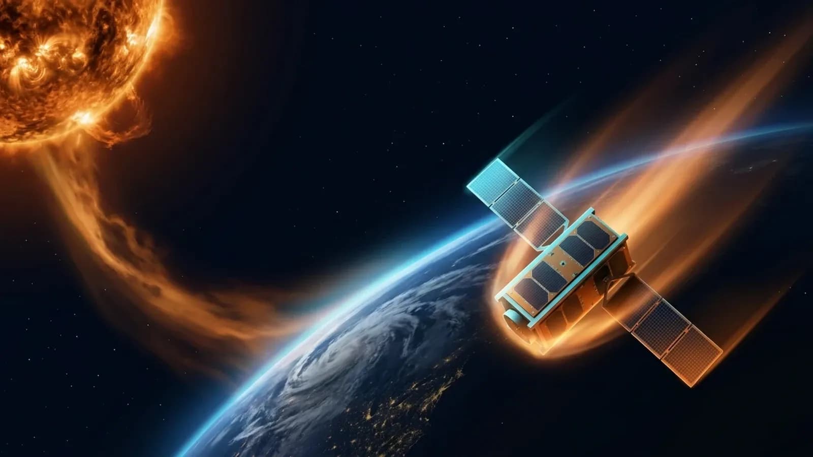 Satellite Starlink basculant dans la haute atmosphère, traînée incandescente, avec le Soleil en éruption en arrière-plan