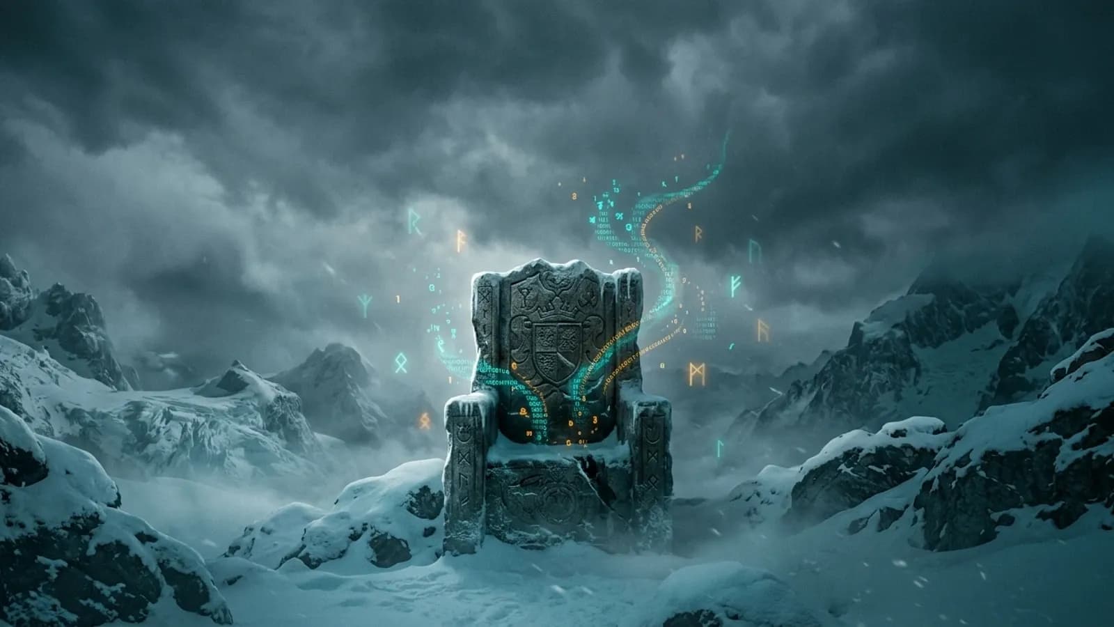 Trône de pierre gelé d'où s'échappent des particules de données, évoquant le datamine du Projet Camelot de World of Warcraft
