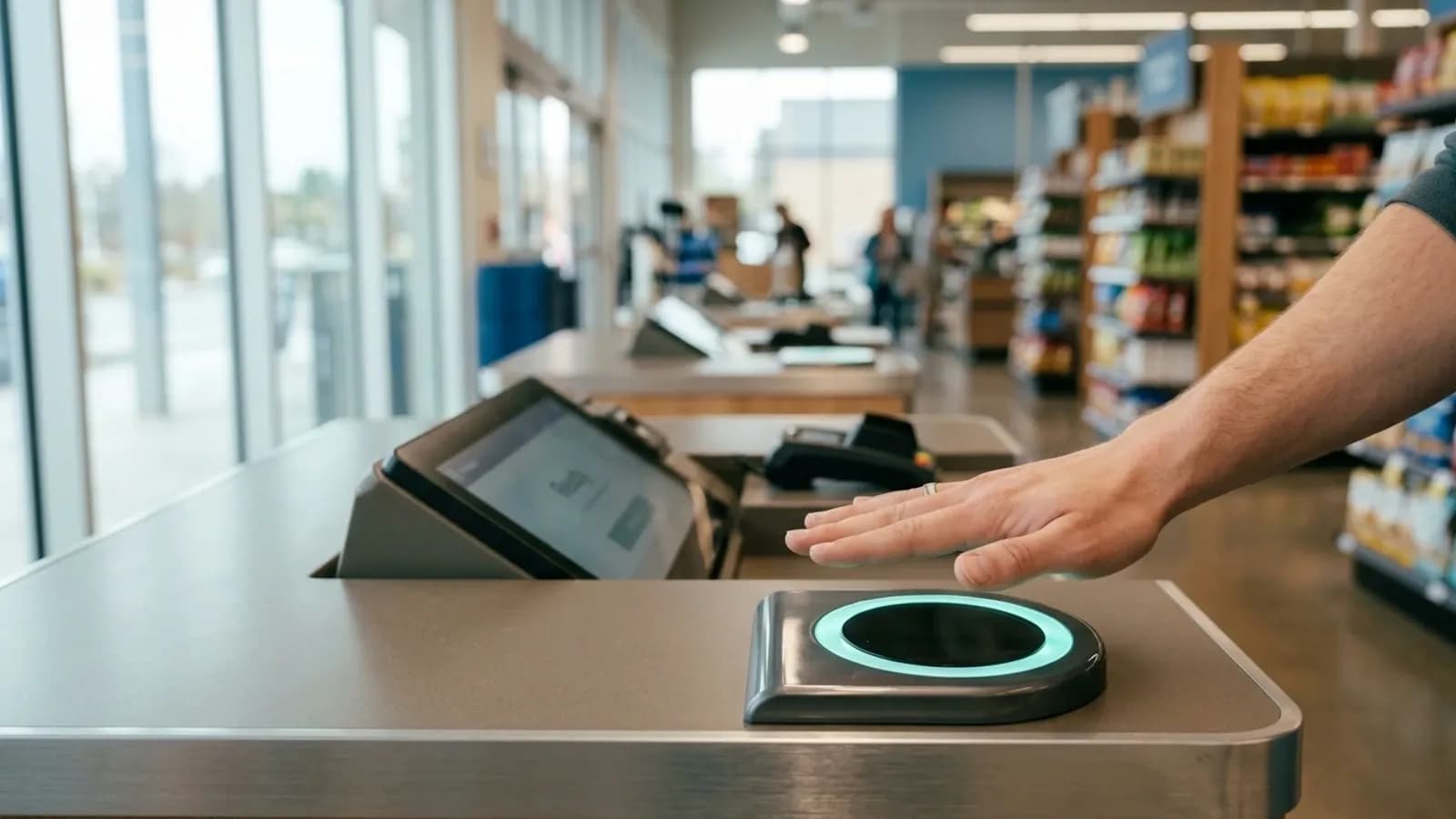 Une main survole un lecteur biometrique a anneau lumineux pour payer a une caisse de supermarche