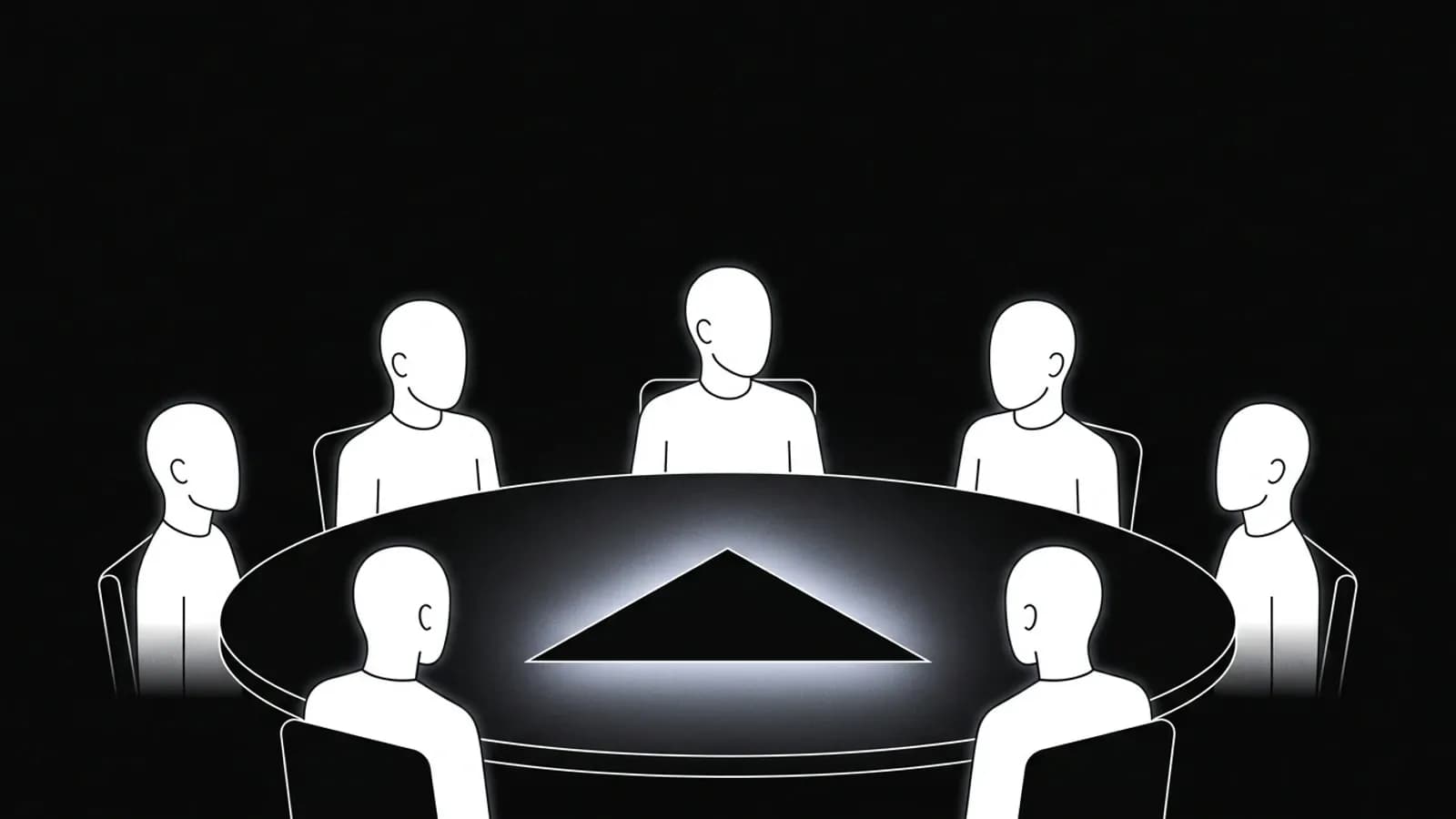 Conseil d'agents IA reunis autour d'une table ronde marquee du logo Vercel, illustrant l'orchestration d'agents par Vercel Eve