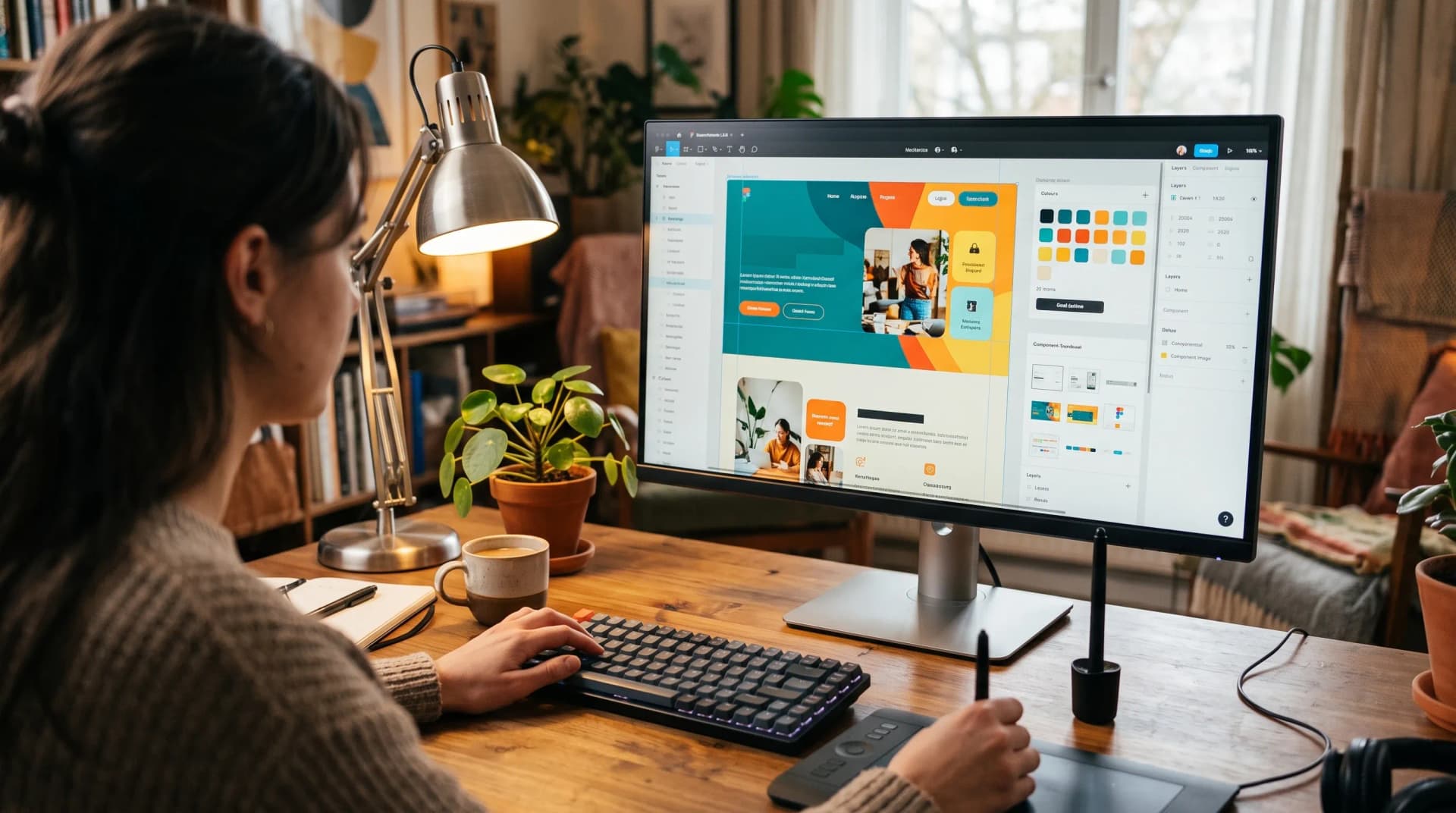 Designer web façonnant l'interface d'un site sur un grand écran, outil de design avec composants et palette de couleurs, dans un studio chaleureux