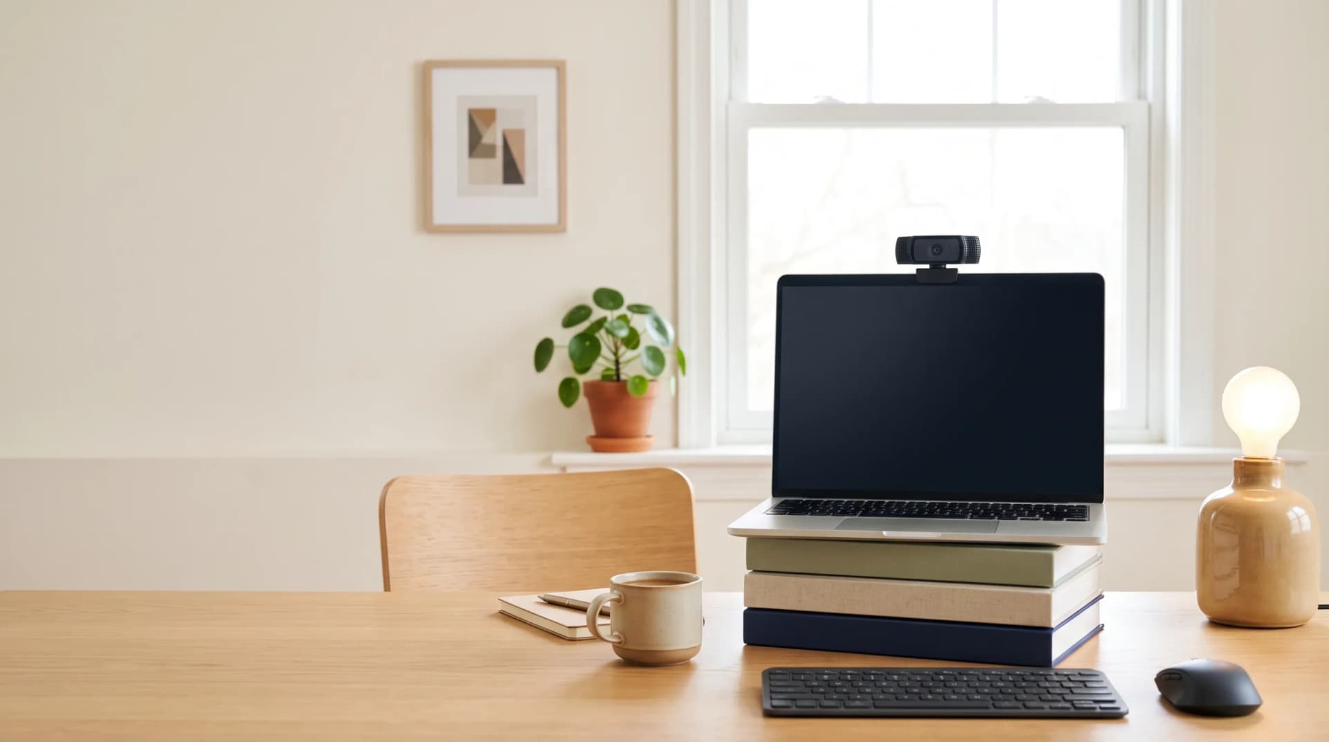 Poste de teletravail range pour la visio, ordinateur portable sureleve a hauteur des yeux et lumiere douce d'une fenetre de face