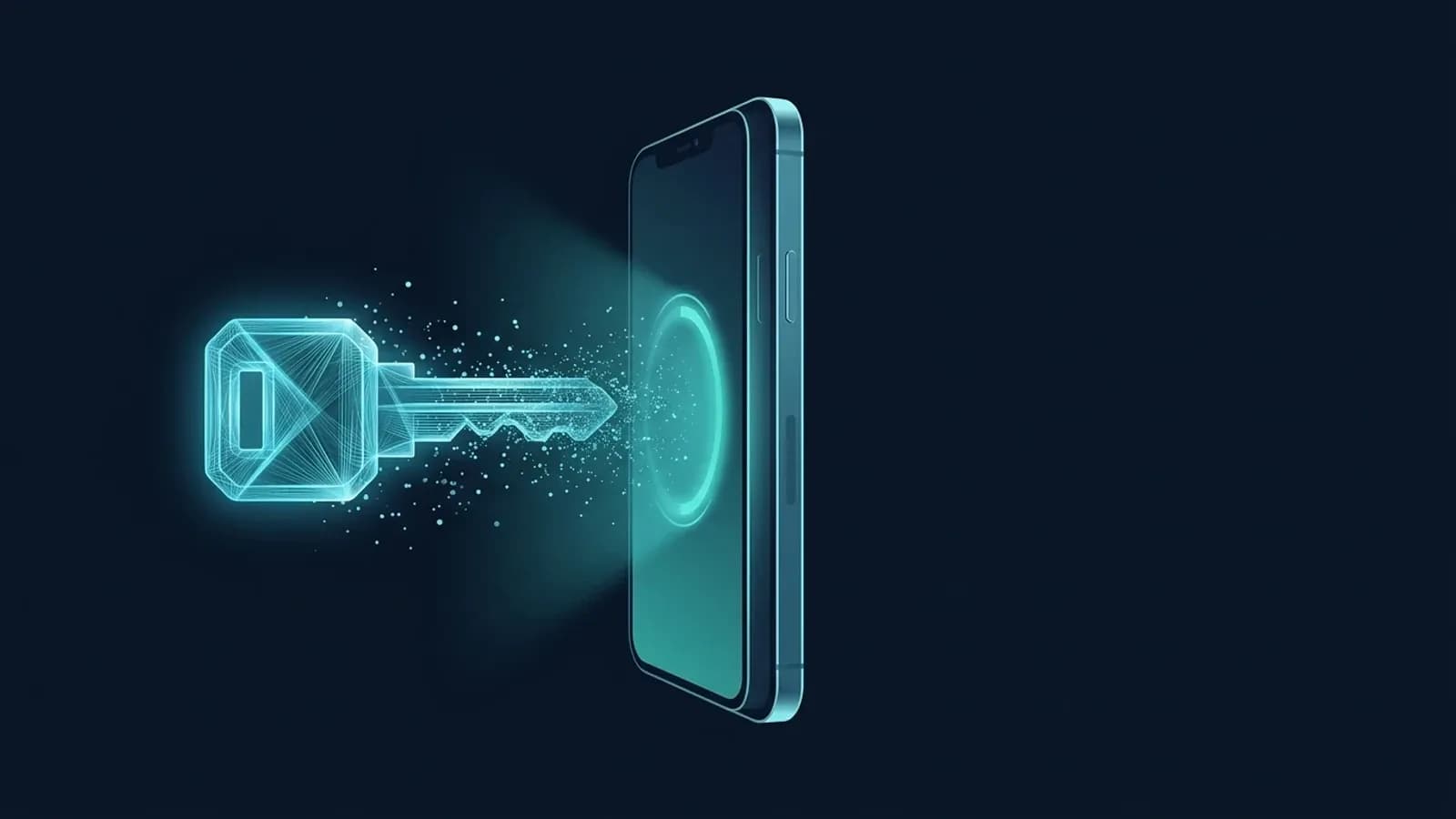 Une cle numerique lumineuse se fond dans un smartphone deverrouille par reconnaissance faciale, illustration de la connexion sans mot de passe par passkey