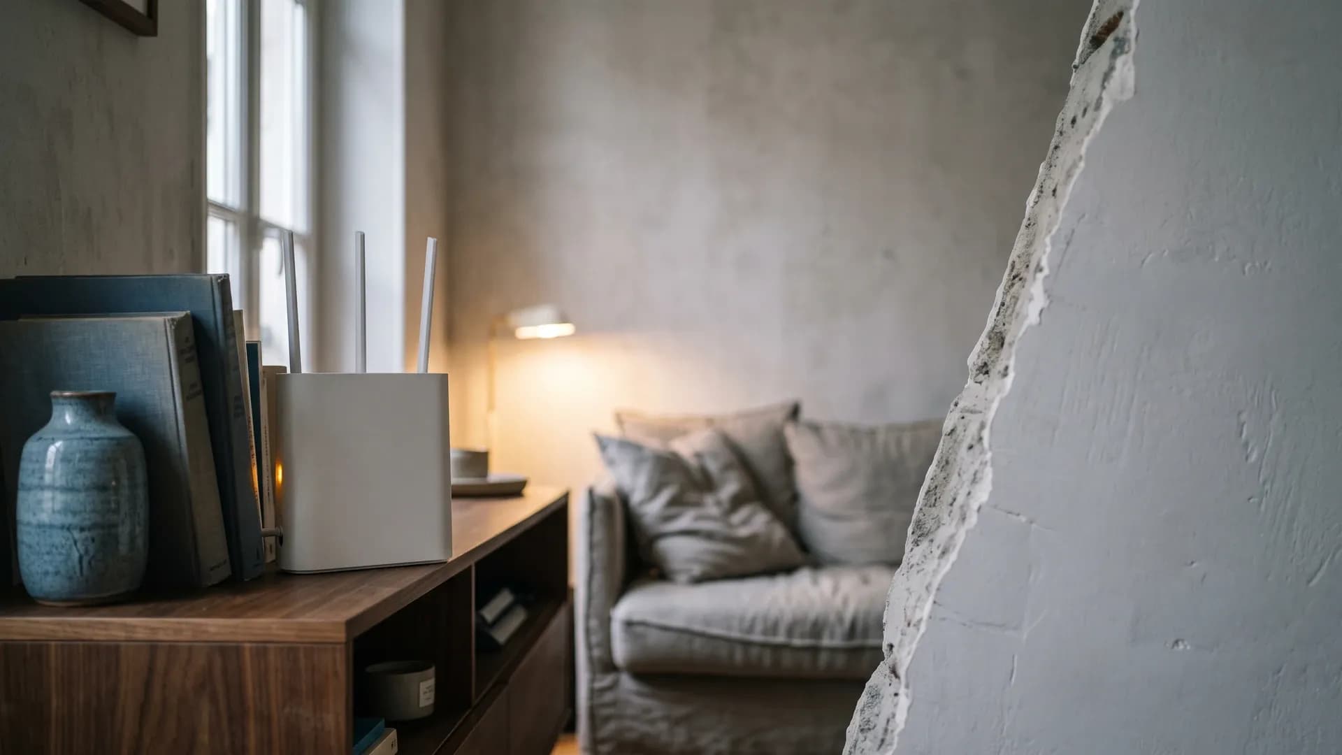 Box internet blanche posee derriere une pile de livres sur un meuble de salon, avec un mur epais au premier plan