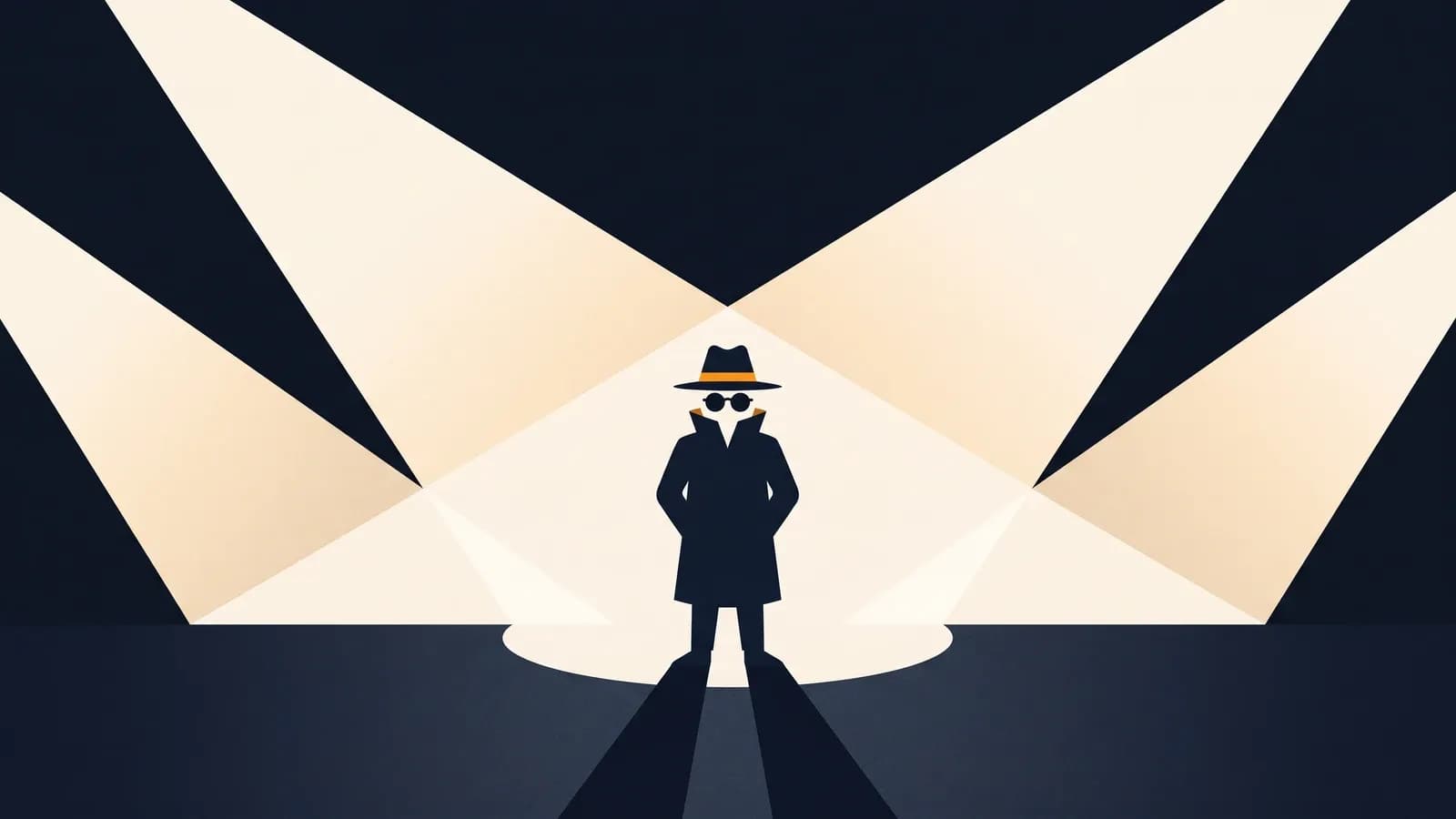 Silhouette en chapeau et lunettes noires, déguisement incognito, exposée en pleine lumière par des projecteurs convergents