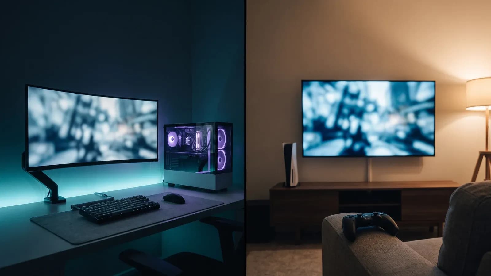 Scène coupée en deux : à gauche un bureau avec tour PC éclairée et écran incurvé, à droite un salon avec console blanche et manette posée sur un canapé