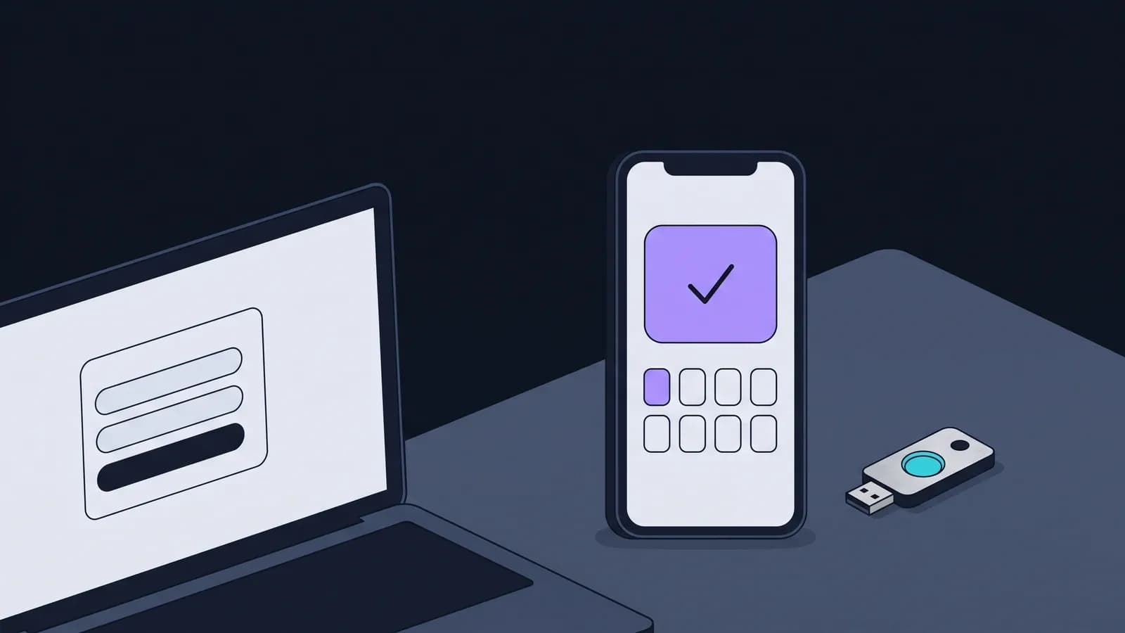 Illustration d'un ordinateur portable sur un ecran de connexion, d'un smartphone validant une double authentification et d'une cle de securite USB