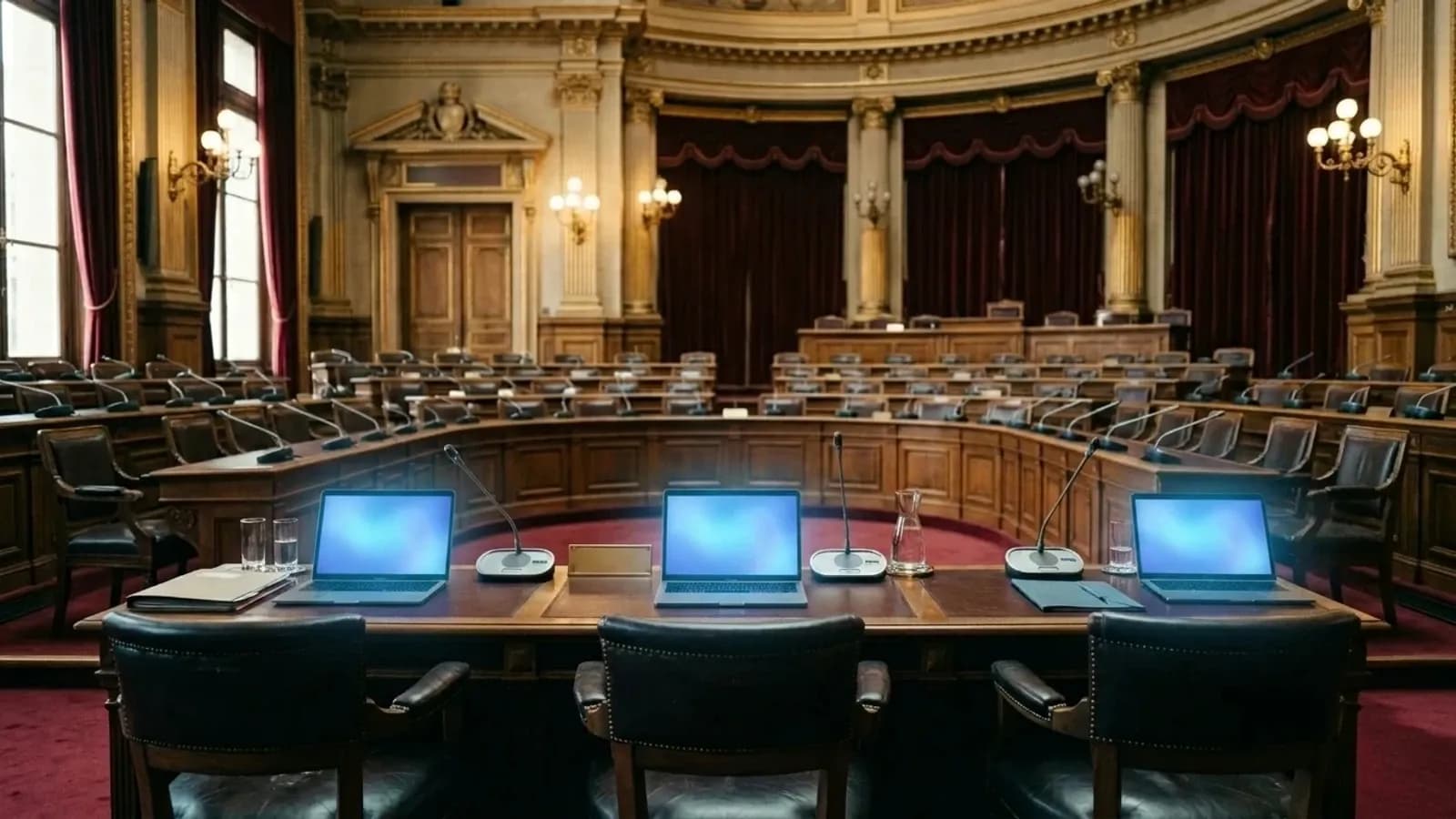 Salle d'audition du Sénat français : table des témoins avec micros et ordinateurs face aux pupitres des sénateurs