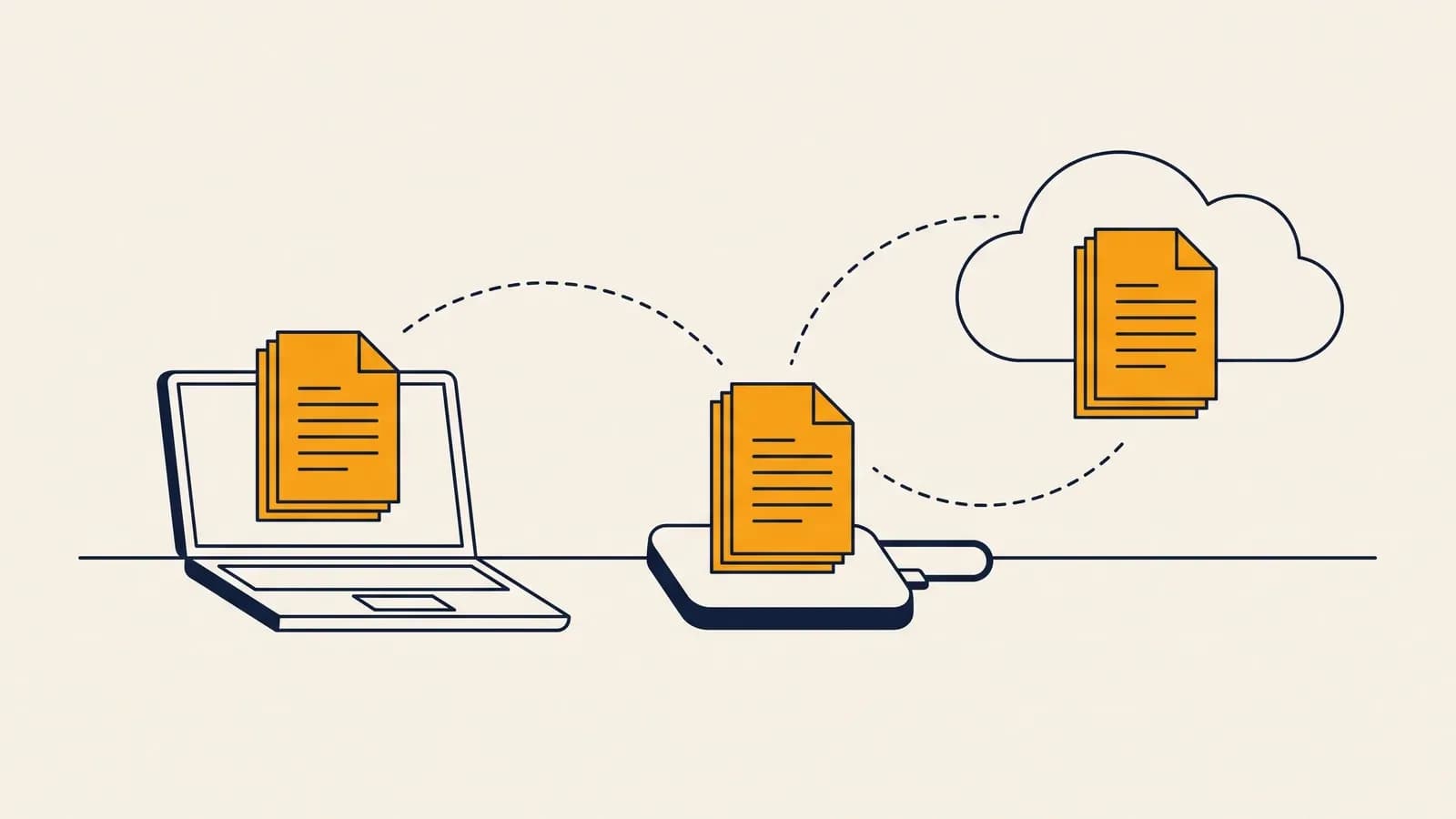 Illustration de la règle de sauvegarde 3-2-1 : trois copies de documents sur un ordinateur, un disque externe et un cloud