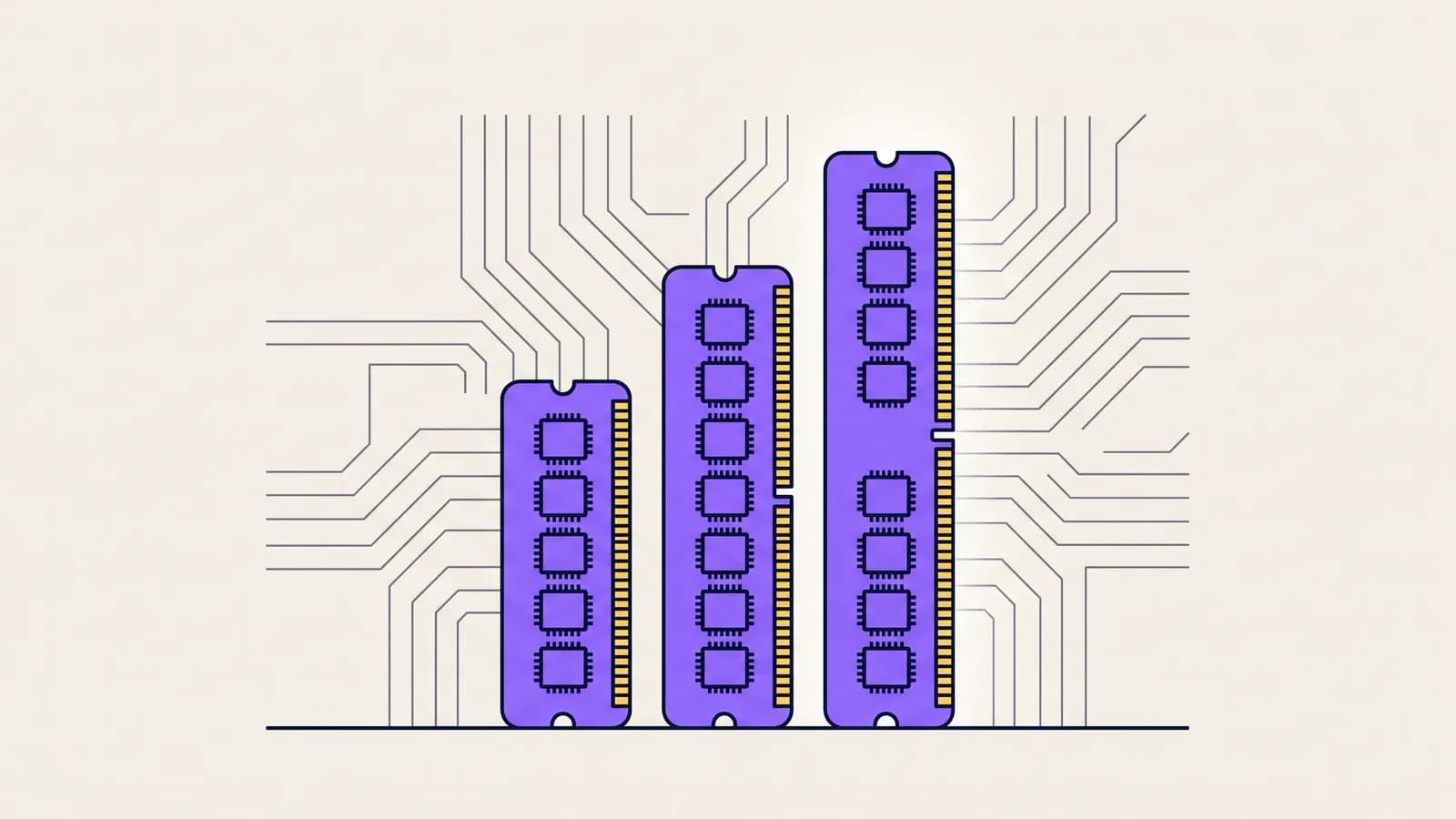 Trois barrettes de RAM de tailles croissantes illustrant le choix de la quantité de mémoire vive