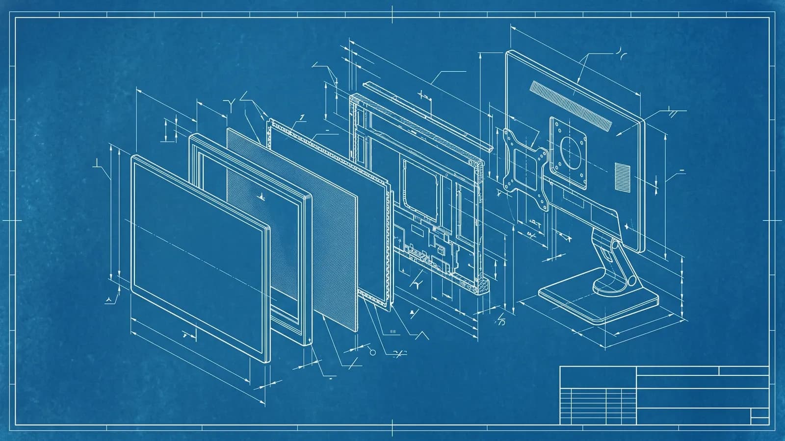 Plan technique style blueprint d'un écran PC en vue éclatée : dalle, rétroéclairage et châssis séparés par des lignes de cote