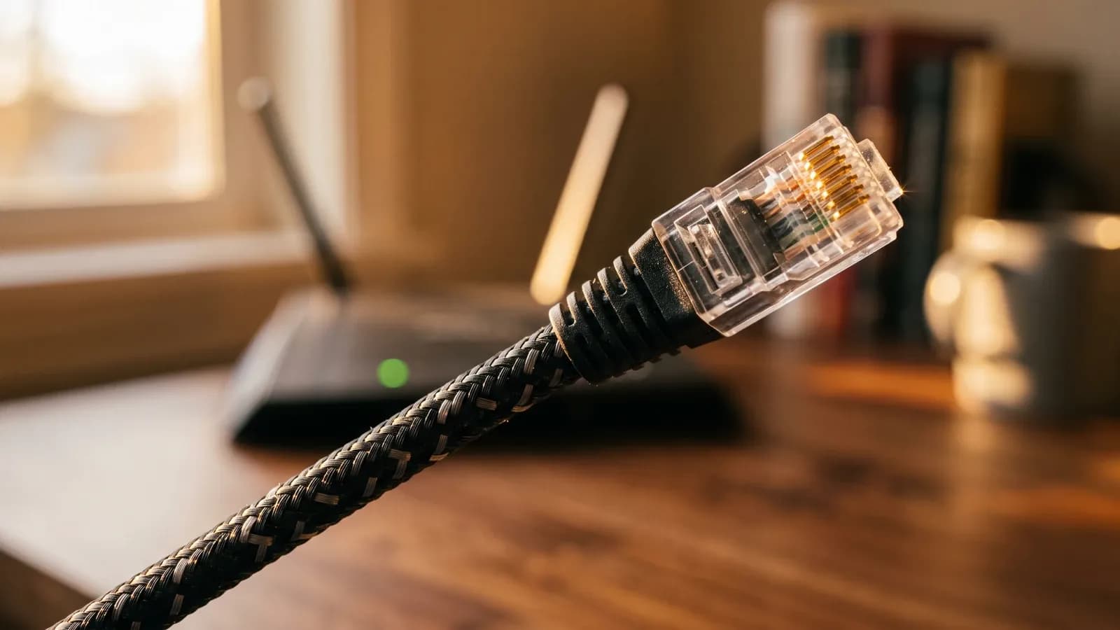 Macrophotographie d'un connecteur Ethernet RJ45 net au premier plan, routeur Wi-Fi flou en arriere-plan