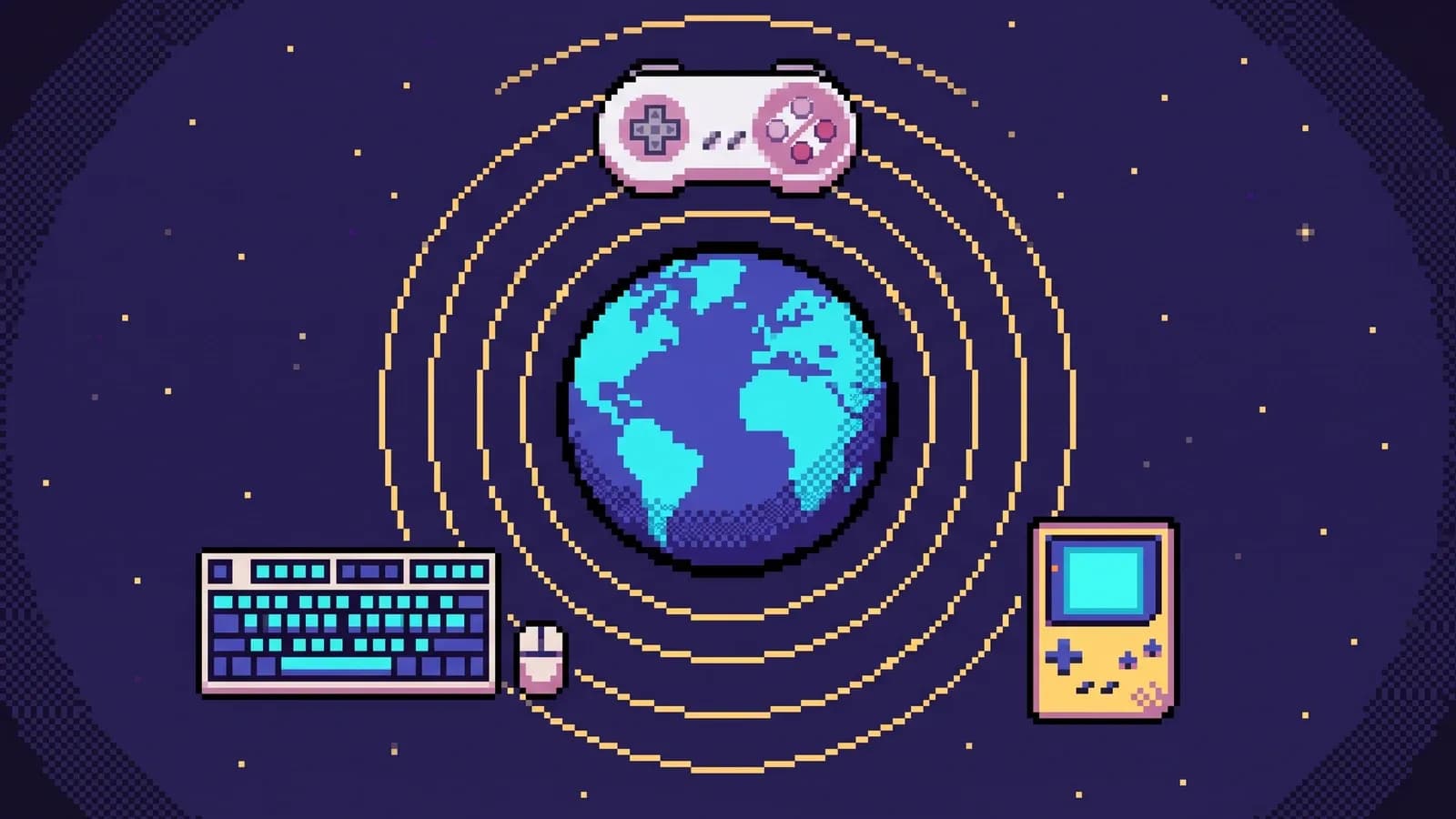Illustration pixel art 16-bit : une manette, un clavier-souris et une console portable reliés à un globe terrestre, symbole du crossplay