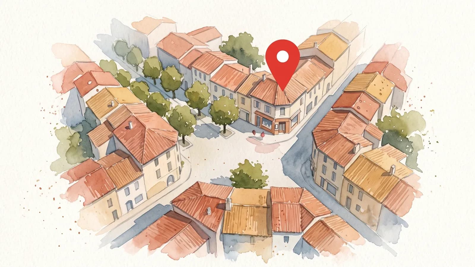 Vue aérienne à l'aquarelle d'un quartier de petite ville française avec une épingle de localisation rouge au-dessus d'une boutique d'angle, symbole du référencement local Google