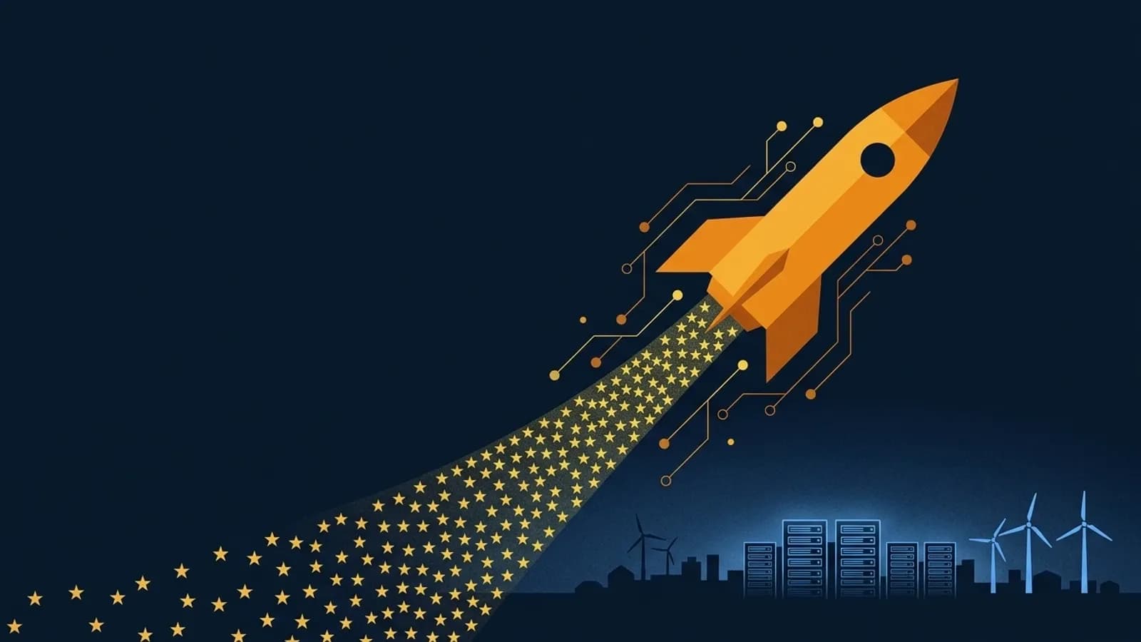 Fusée orange aux couleurs de Mistral décollant au-dessus de data centers et d'éoliennes européens, traînée d'étoiles jaunes muant en circuits