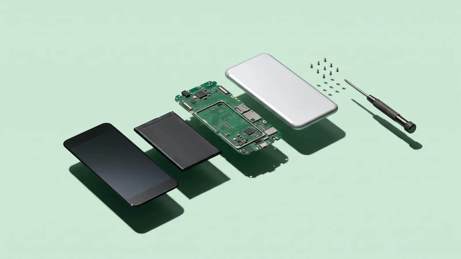 Vue éclatée d'un smartphone en lévitation, écran, batterie, carte électronique et vis alignés en diagonale avec un tournevis de précision, sur fond vert menthe
