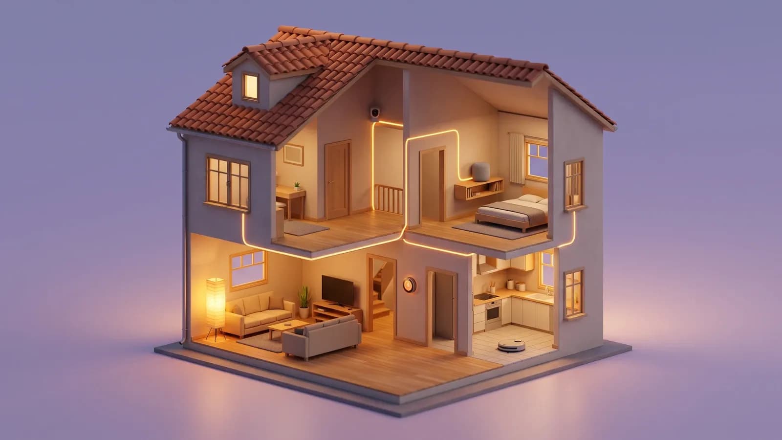 Maquette isométrique d'une maison en coupe au crépuscule, objets connectés reliés par des filaments lumineux ambrés dans les murs