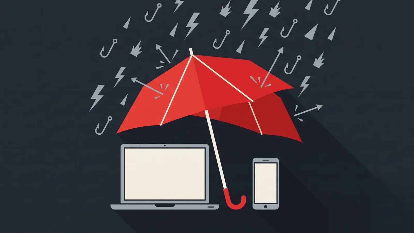 Illustration vectorielle sombre : un parapluie rouge abrite un ordinateur portable et un smartphone d'une pluie de menaces géométriques
