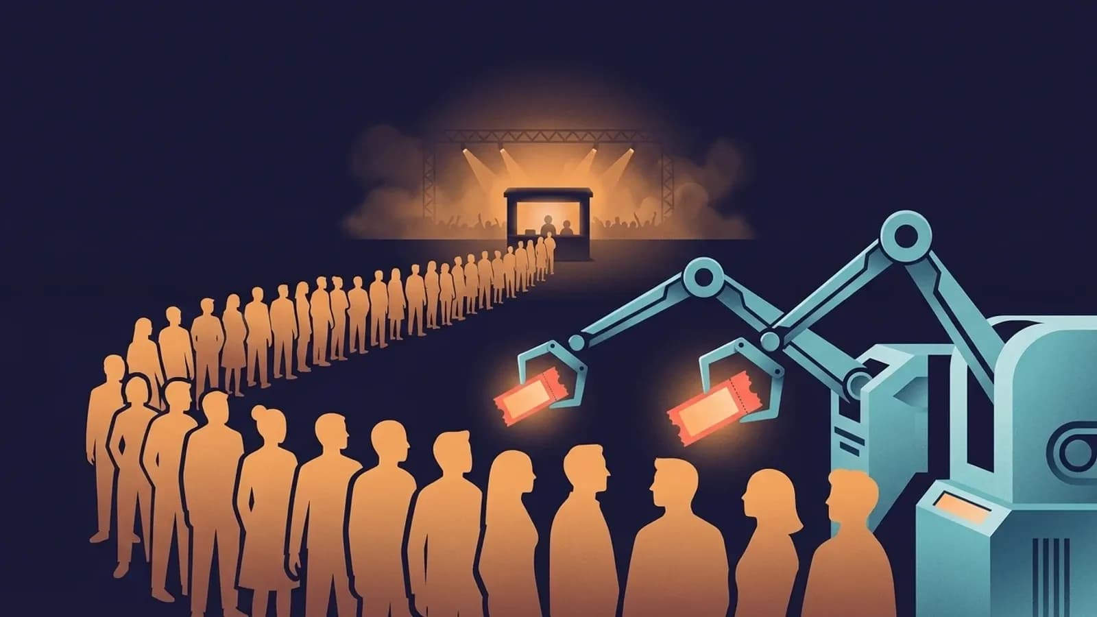 Illustration d'une file d'attente de billetterie de concert ou des bras robotises raflent les billets avant les vrais fans