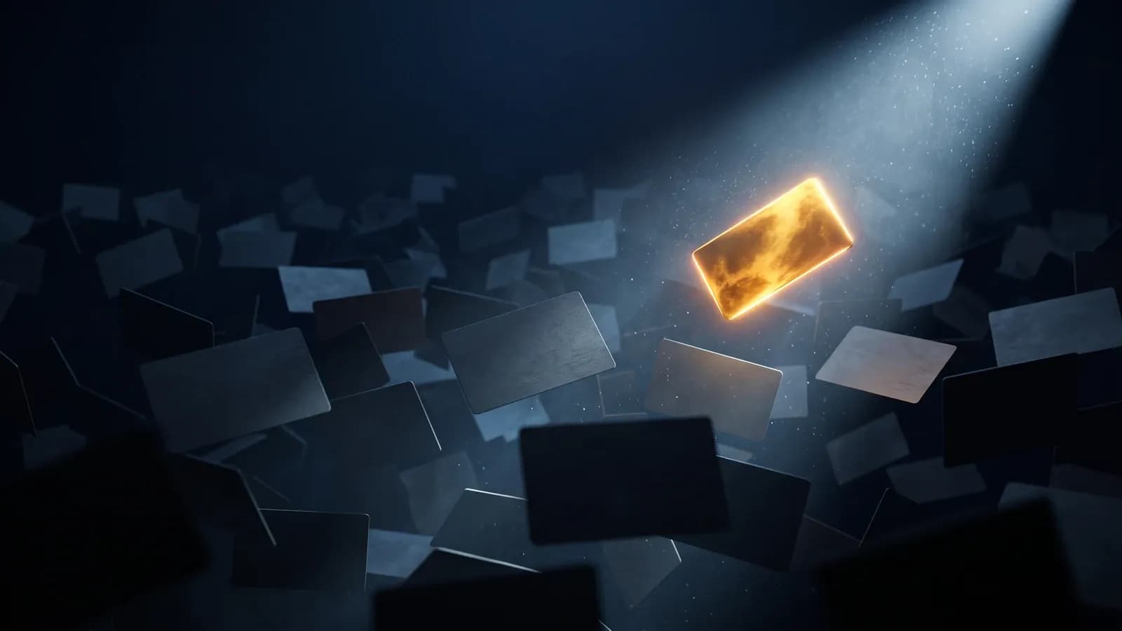 Scène 3D sombre où un projecteur illumine une carte dorée qui s'élève au-dessus de dizaines de cartes grises éteintes, image du contenu choisi et cité par une IA
