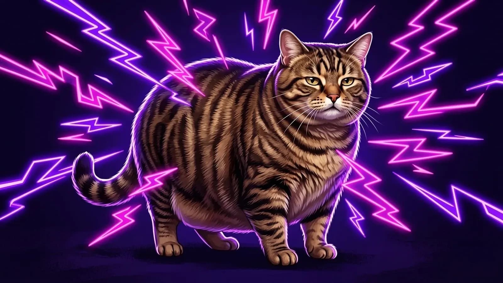 Le Chaton Fat, gros chat tigre obese facon monstre IA sur fond d'eclairs neon roses et violets