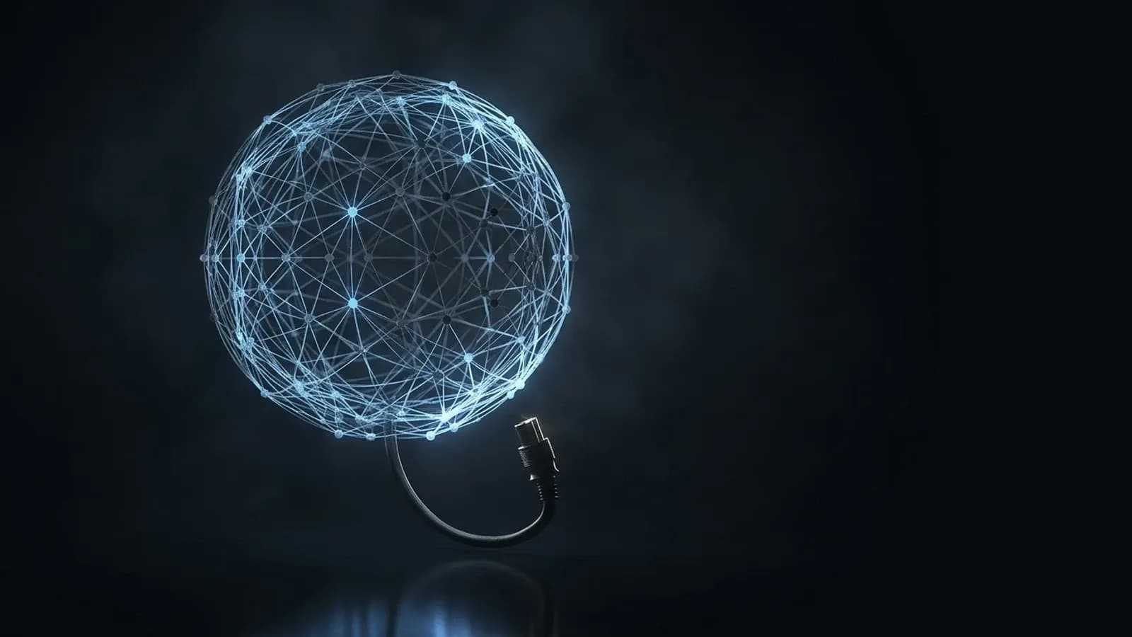 Un réseau neuronal lumineux relié à un câble d'alimentation débranché, métaphore du modèle d'IA Fable 5 coupé