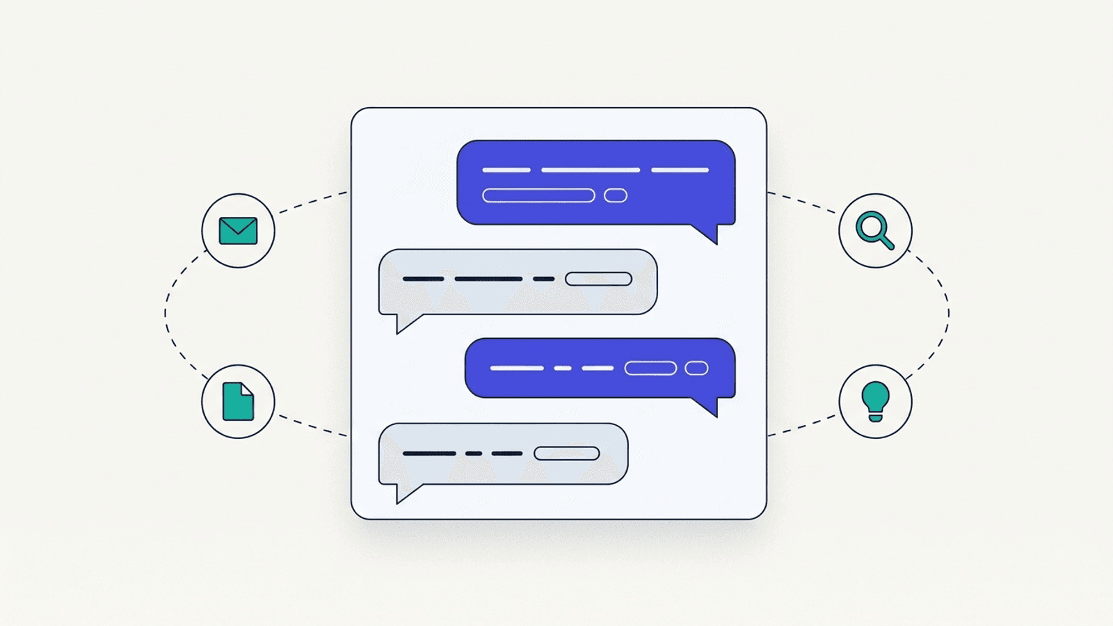 Interface de conversation stylisee avec des bulles de discussion entre un utilisateur et une IA, entouree de quatre pictogrammes (enveloppe, document, loupe, ampoule) representant les cas d'usage des prompts ChatGPT : rediger un mail, resumer, s'informer et brainstormer.