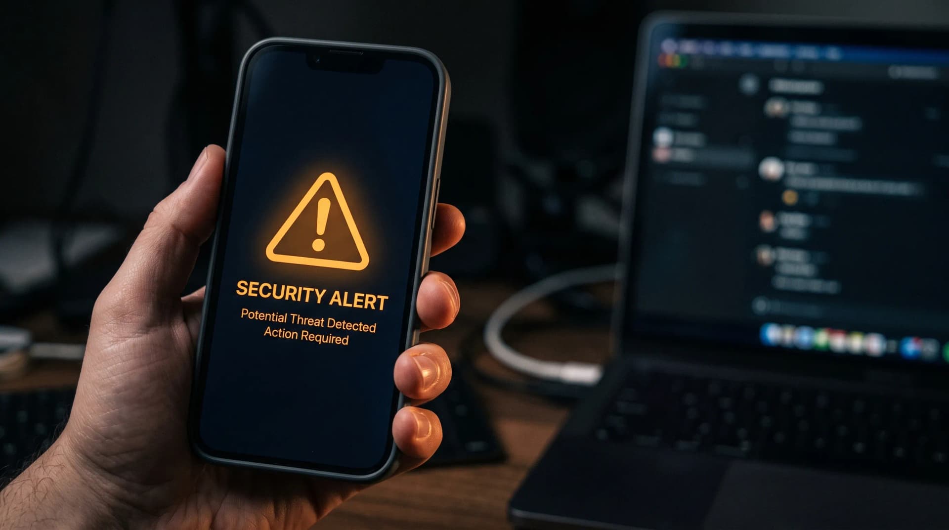 Smartphone tenu en main affichant une alerte de sécurité orange, ordinateur portable allumé en arrière-plan