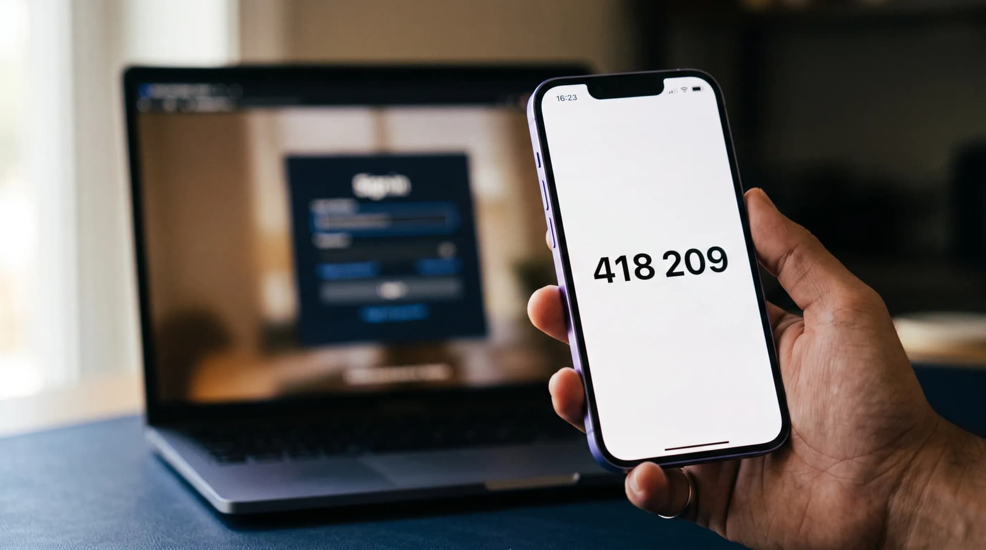 Main tenant un smartphone affichant un code de validation à six chiffres devant un écran de connexion flou
