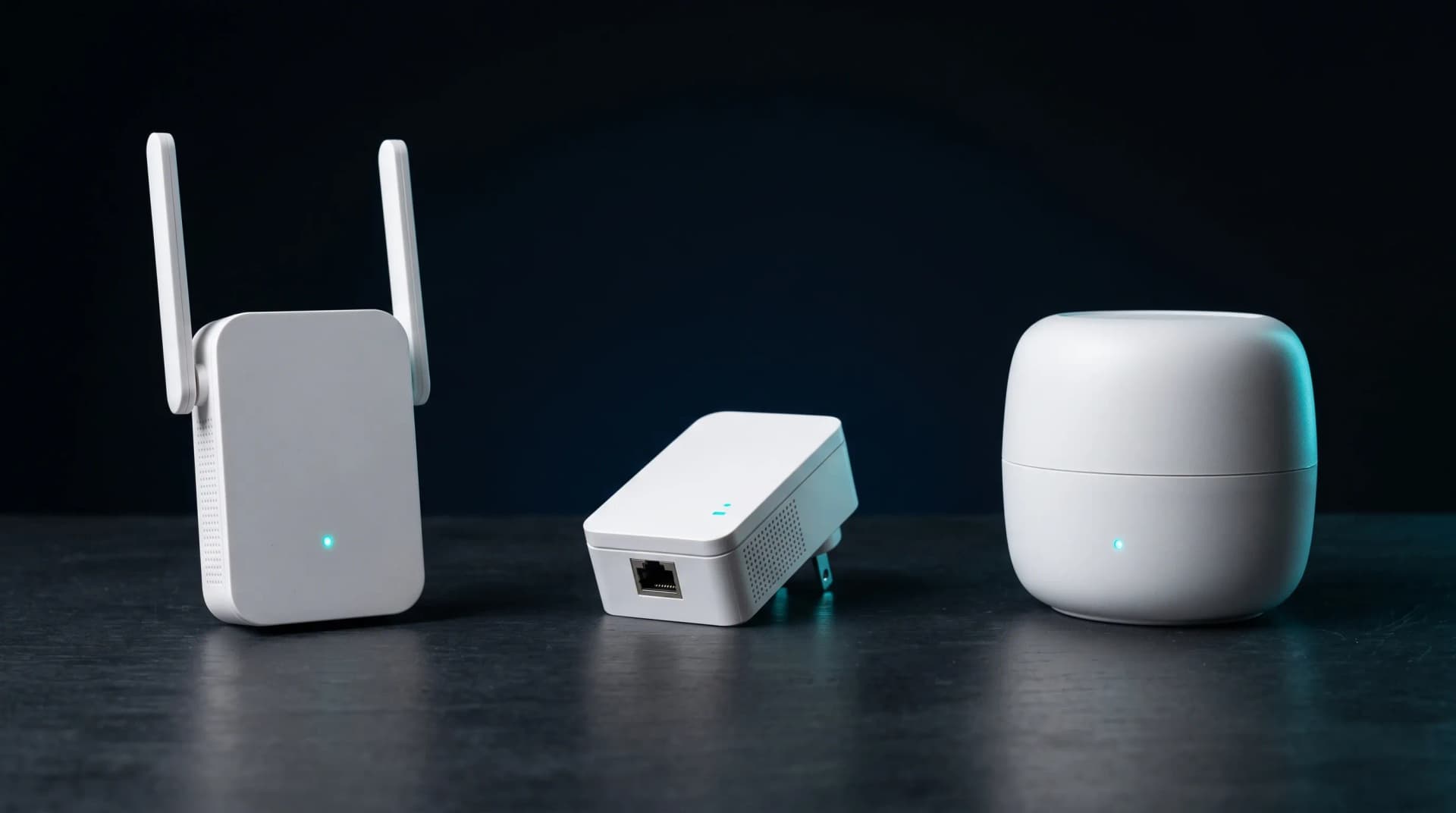 Répéteur Wi-Fi à antennes, adaptateur CPL et satellite mesh alignés côte à côte sur fond sombre