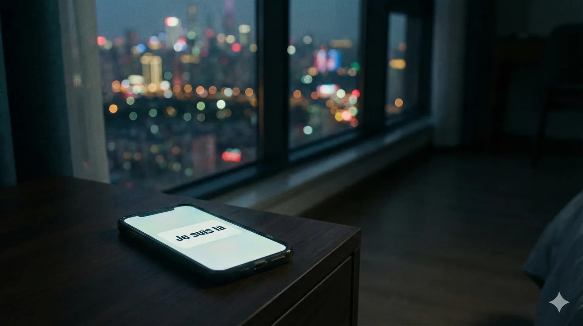 telephone posé sur une table avec marqué dessus "je suis la" 
