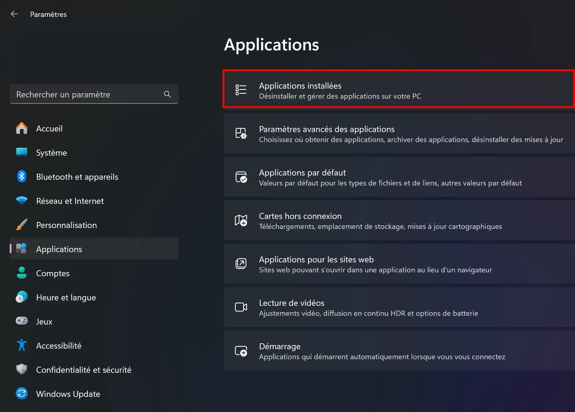 menu Windows des applications installées