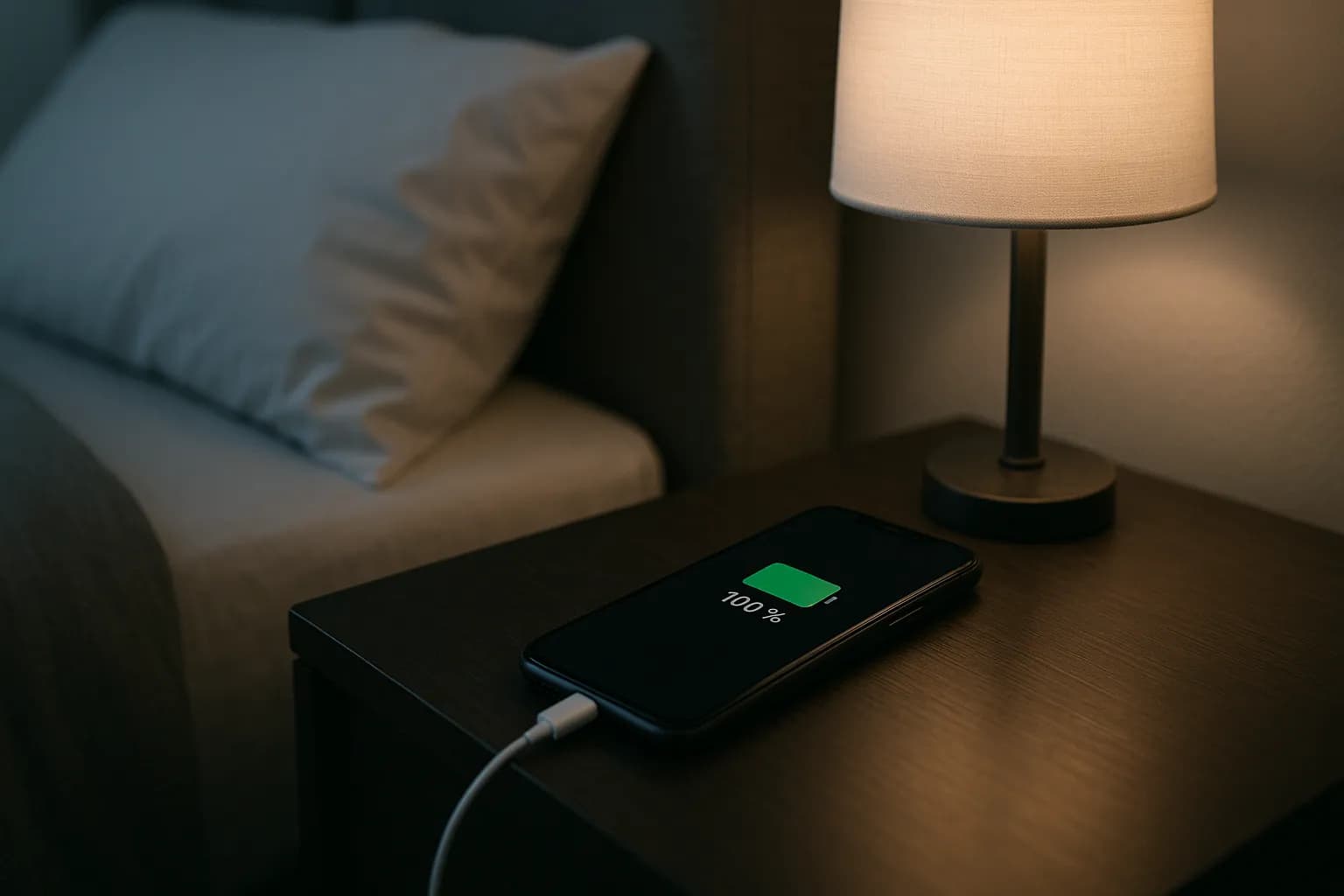 telephone en charge sur une table de nuit 