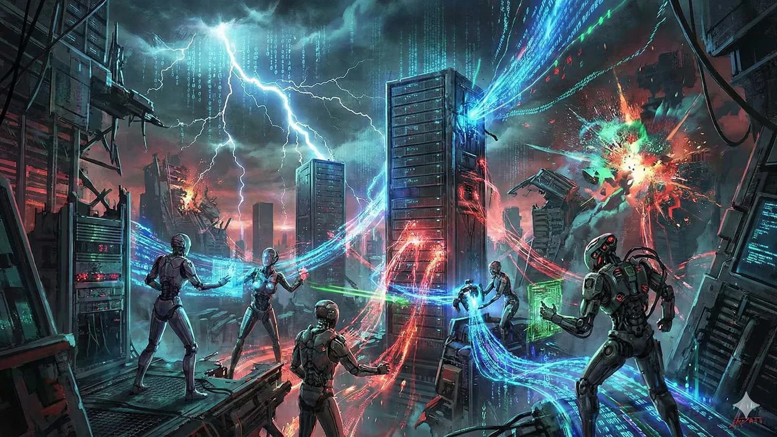 image conceptuelle de robot attaquant une ville au niveau des données