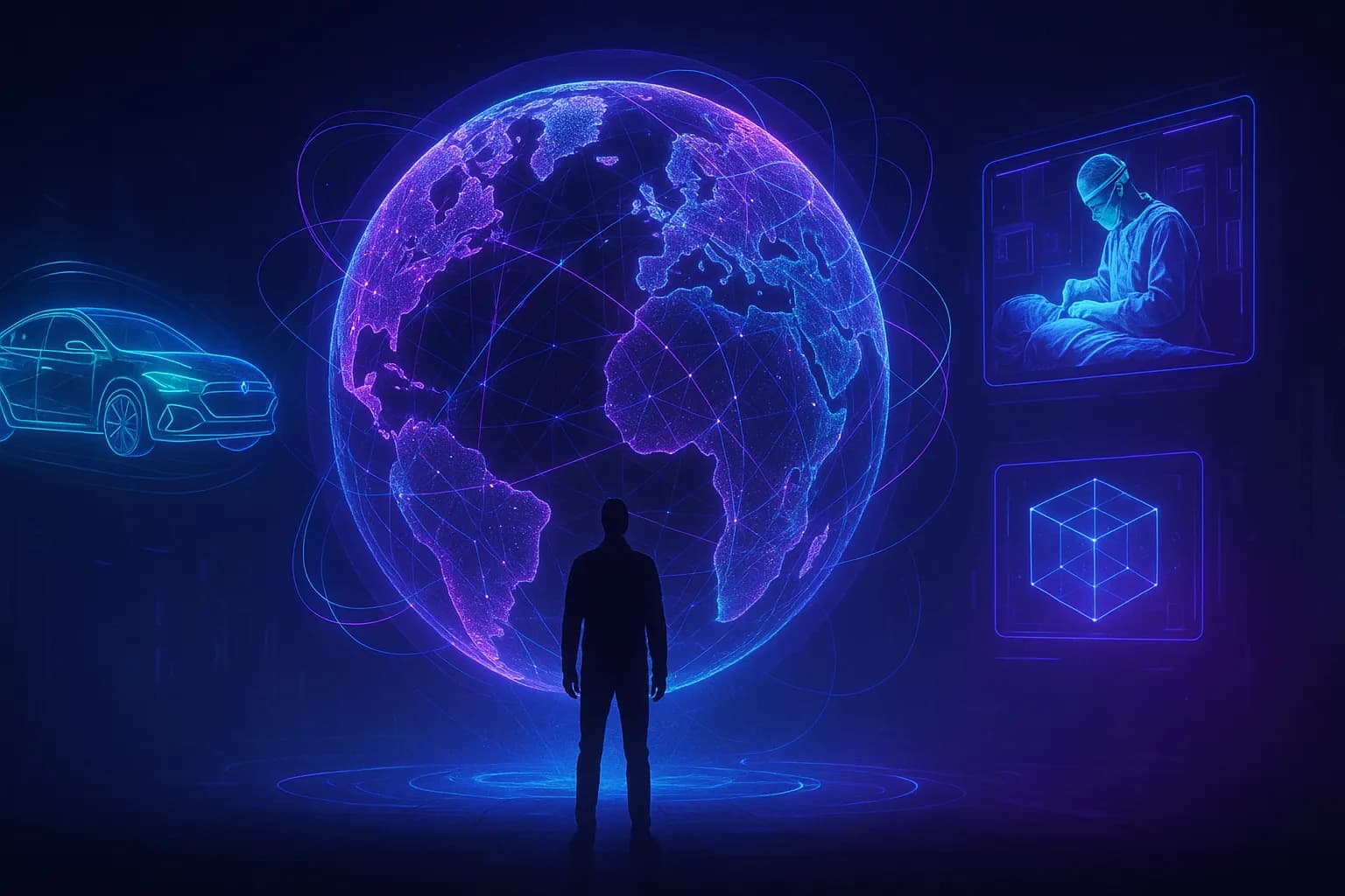 Homme devant un hologramme de globe