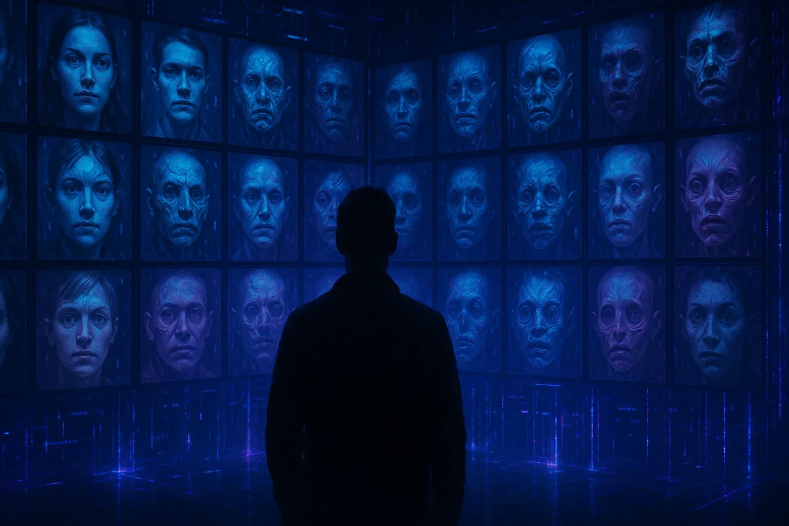 homme devant une multitude de visages IA 