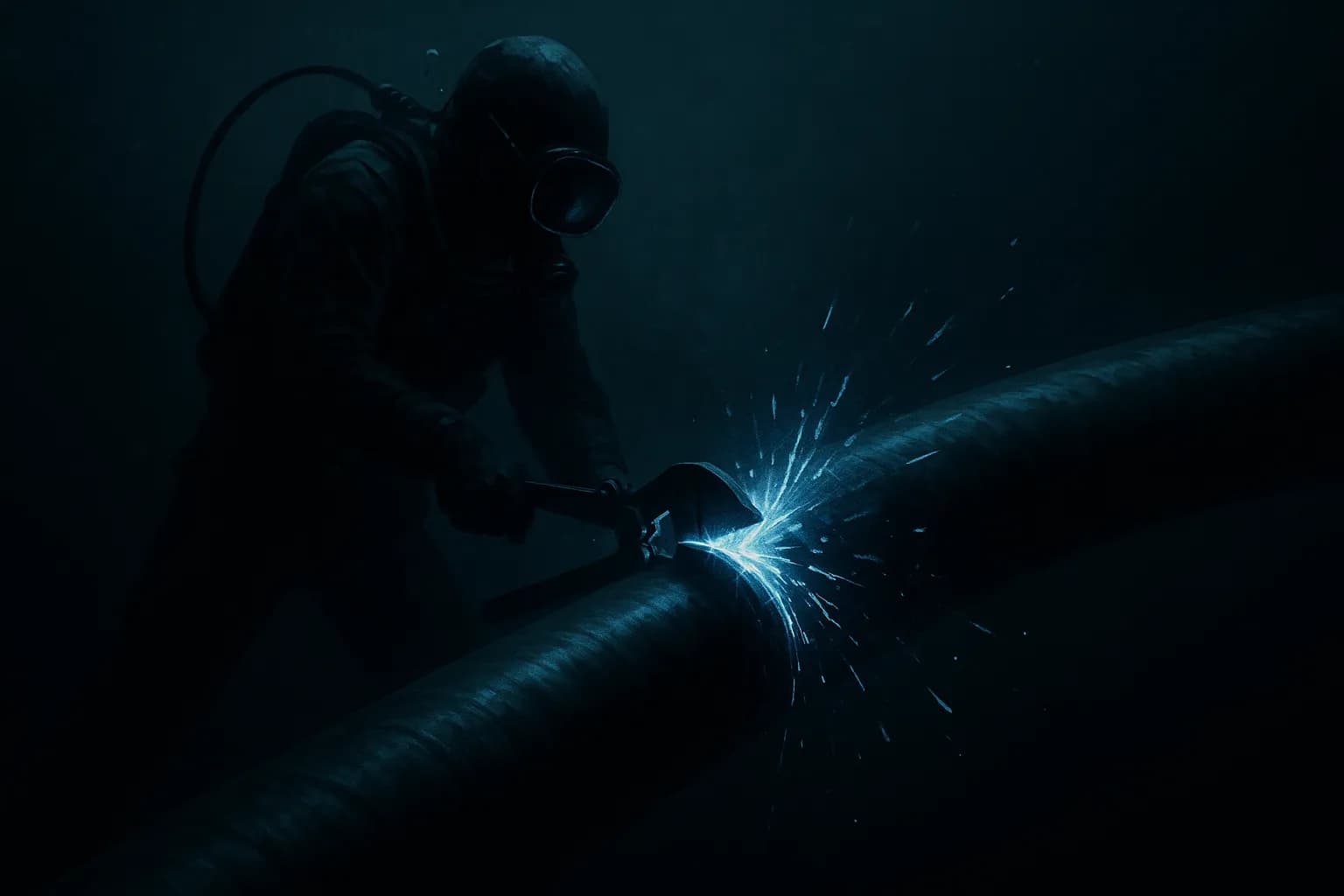 personne qui coupe un gros cable sous l'eau 