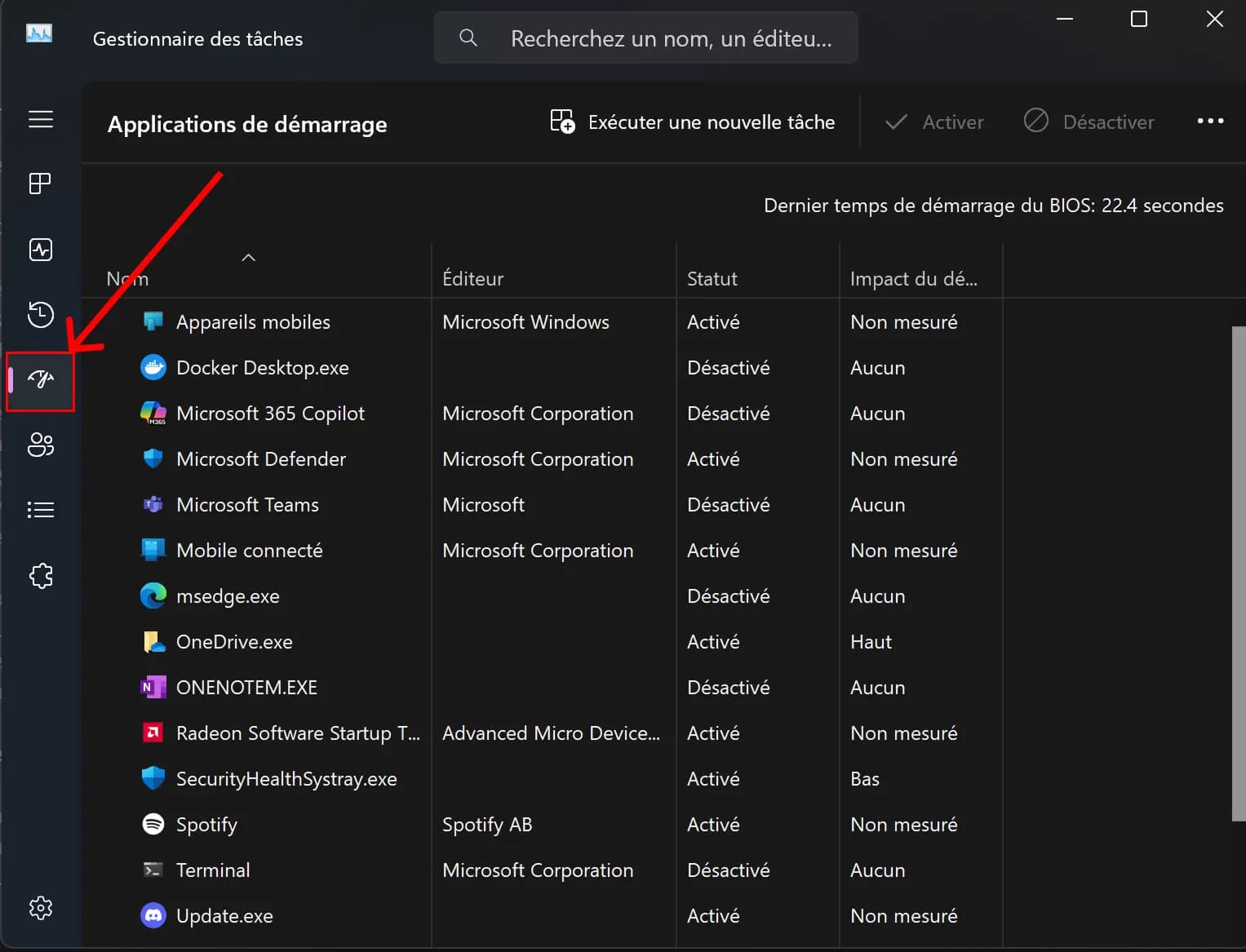 Gestionnaire des taches Windows, applications de démarrage