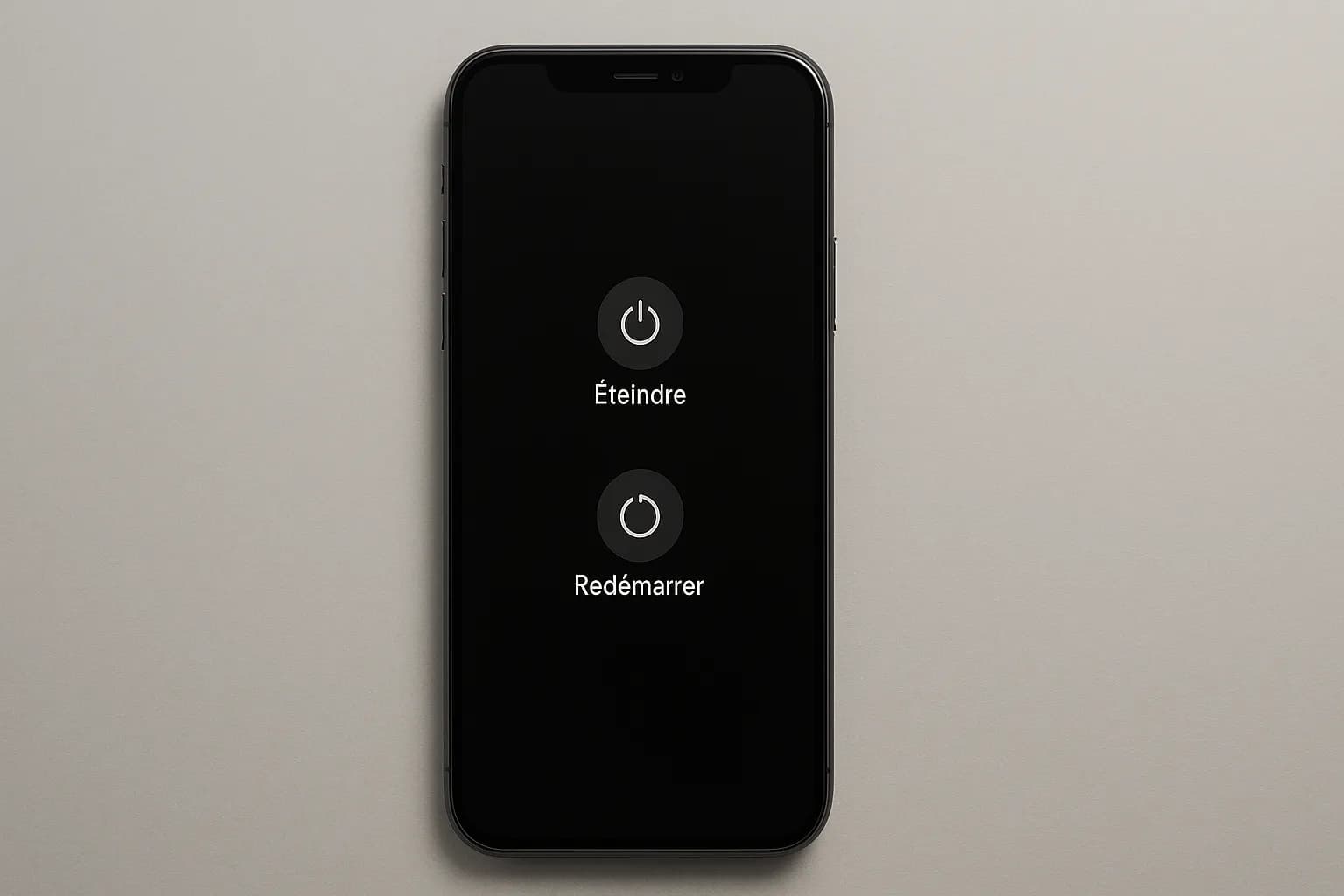ecran de téléphone avec des boutons éteindre redémarrer