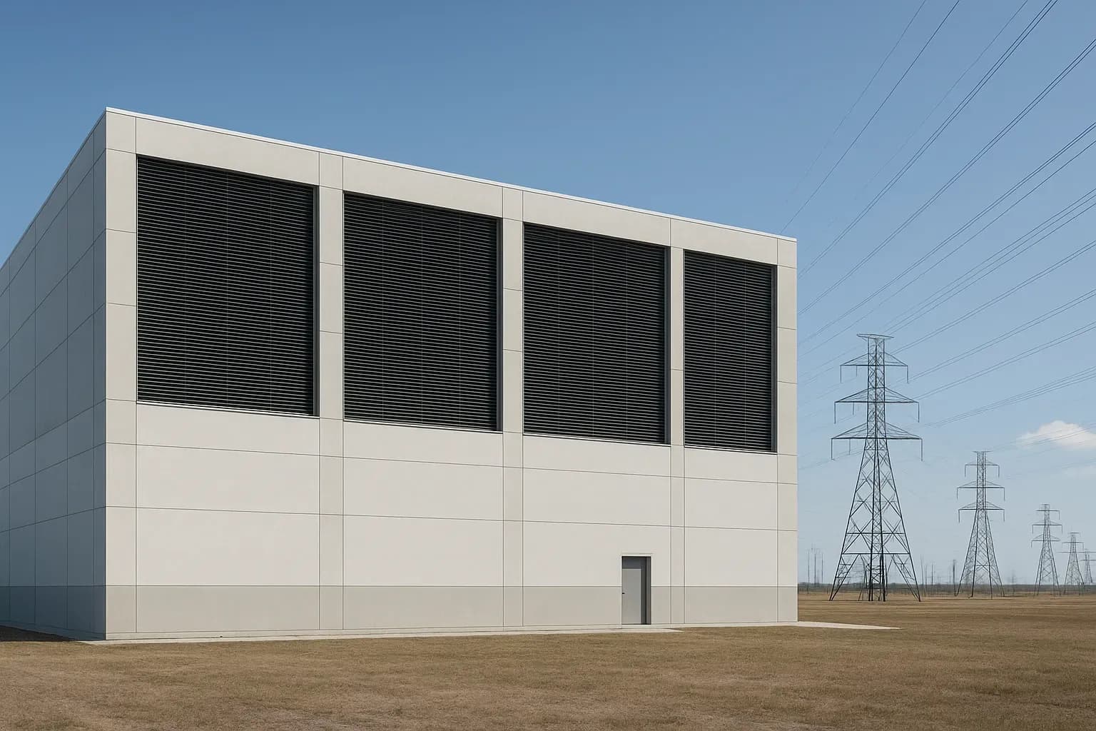 Image exterieur d'un datacenter avec lignes a haute tension