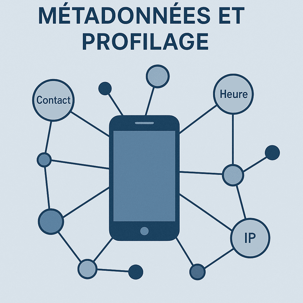 graphique en réseau stylisé montrant des nœuds anonymes reliés (contacts, heures, IP) autour d’un smartphone générique