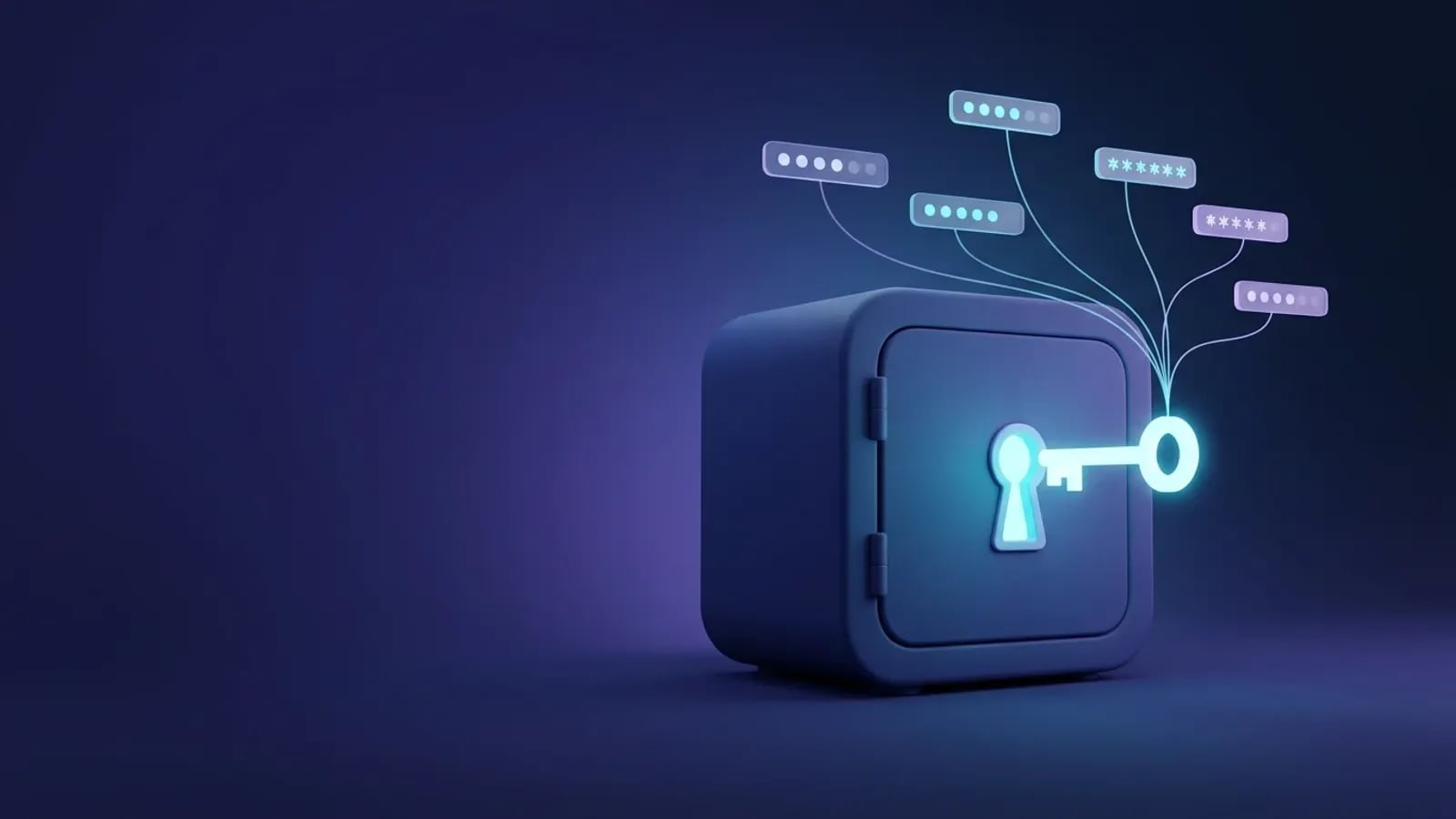 Coffre-fort numerique chiffre avec cle maitre lumineuse et mots de passe convergents, illustration cybersecurite