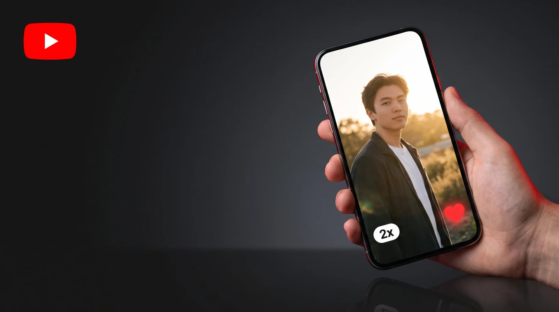 Smartphone affichant un Short YouTube en ecran epure avec un badge de lecture x2, un coeur rouge et le logo YouTube en haut a gauche