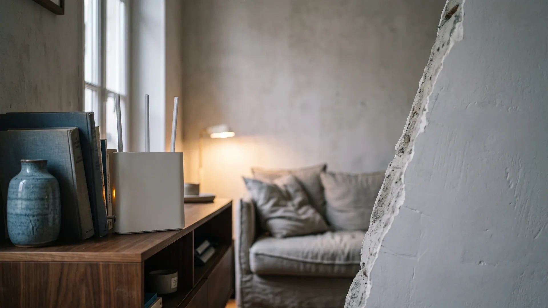 Box internet blanche posee derriere une pile de livres sur un meuble de salon, avec un mur epais au premier plan