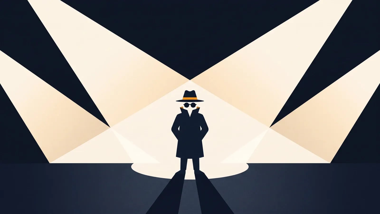 Silhouette en chapeau et lunettes noires, déguisement incognito, exposée en pleine lumière par des projecteurs convergents