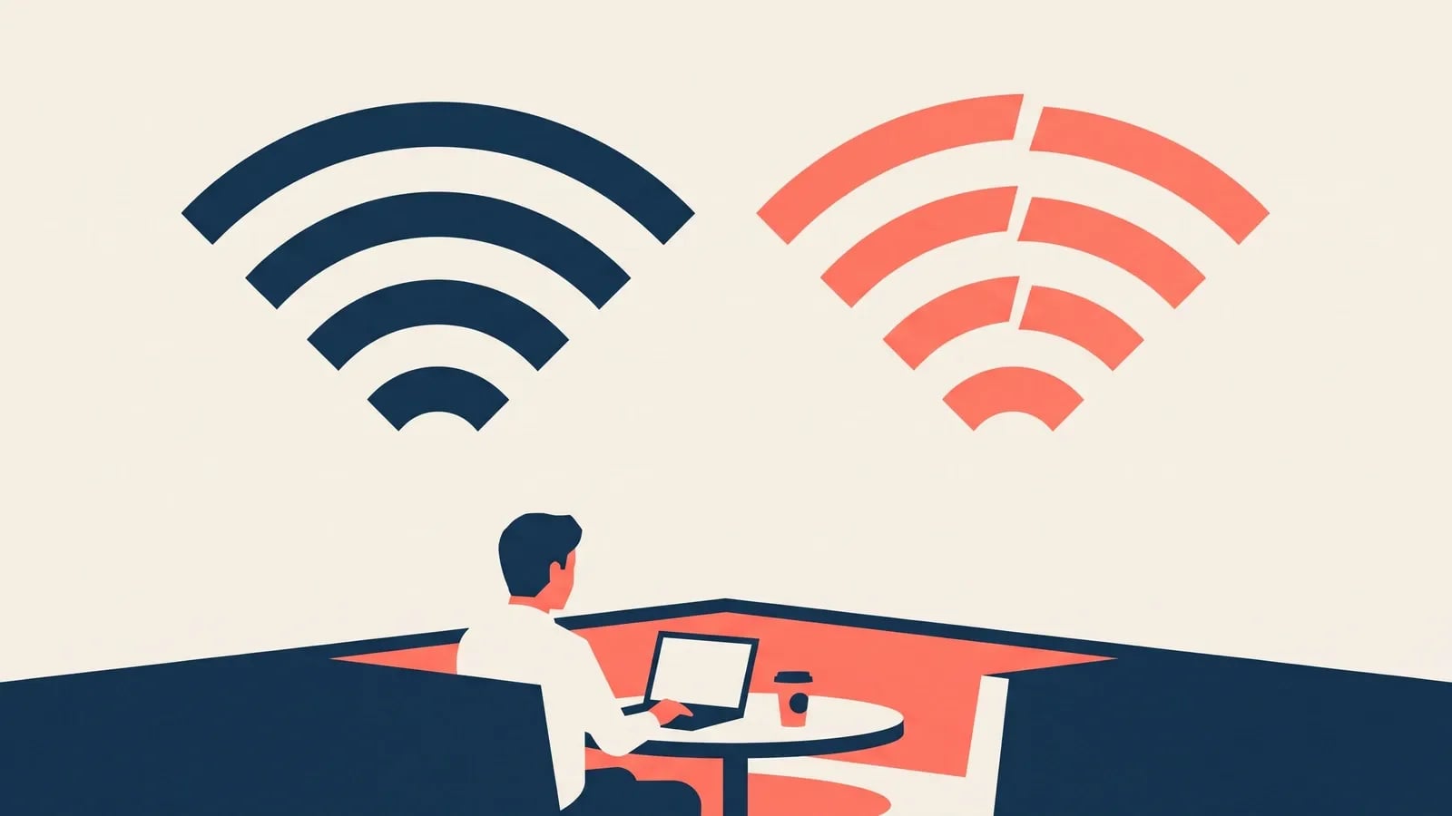 Illustration de deux symboles Wi-Fi jumeaux au-dessus d'un café, l'un fiable, l'autre falsifié évoquant un faux hotspot