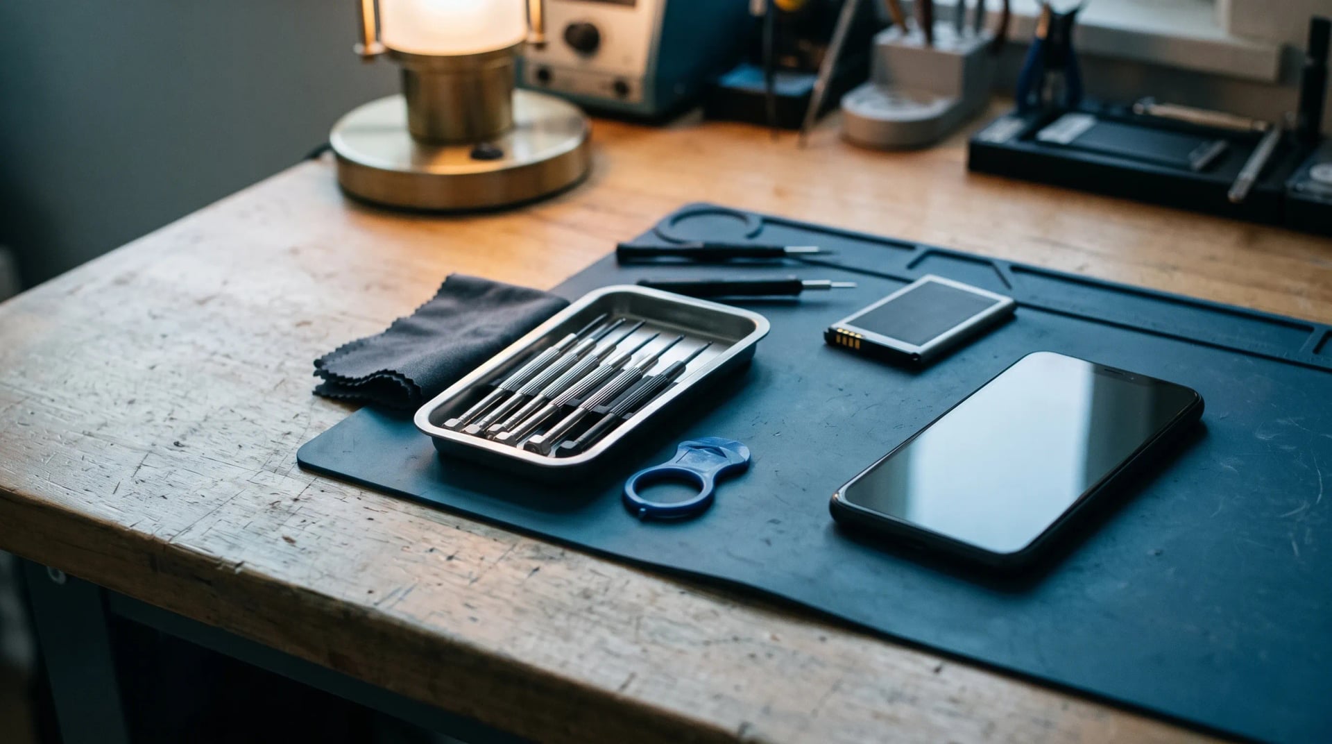 Smartphone reconditionné en cours d'inspection sur un poste de travail d'atelier, entouré d'outils de réparation