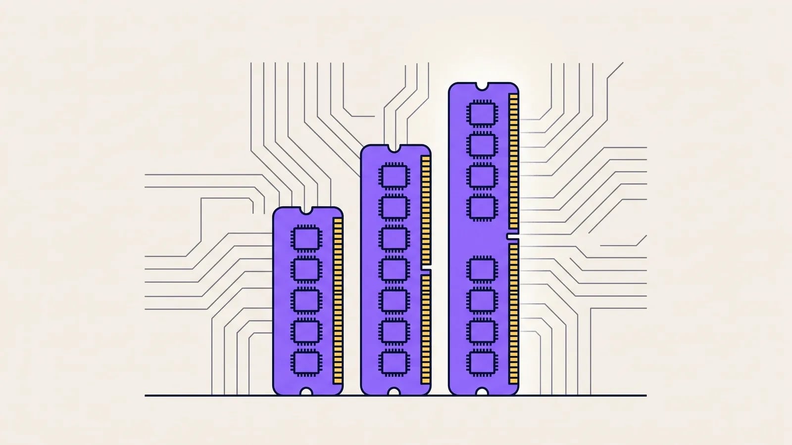Trois barrettes de RAM de tailles croissantes illustrant le choix de la quantité de mémoire vive
