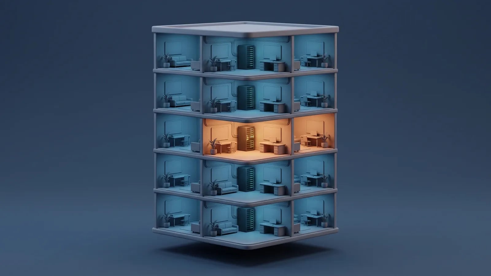 Immeuble isométrique en coupe dont chaque appartement abrite un serveur, un seul étage éclairé en chaud : la métaphore du VPS