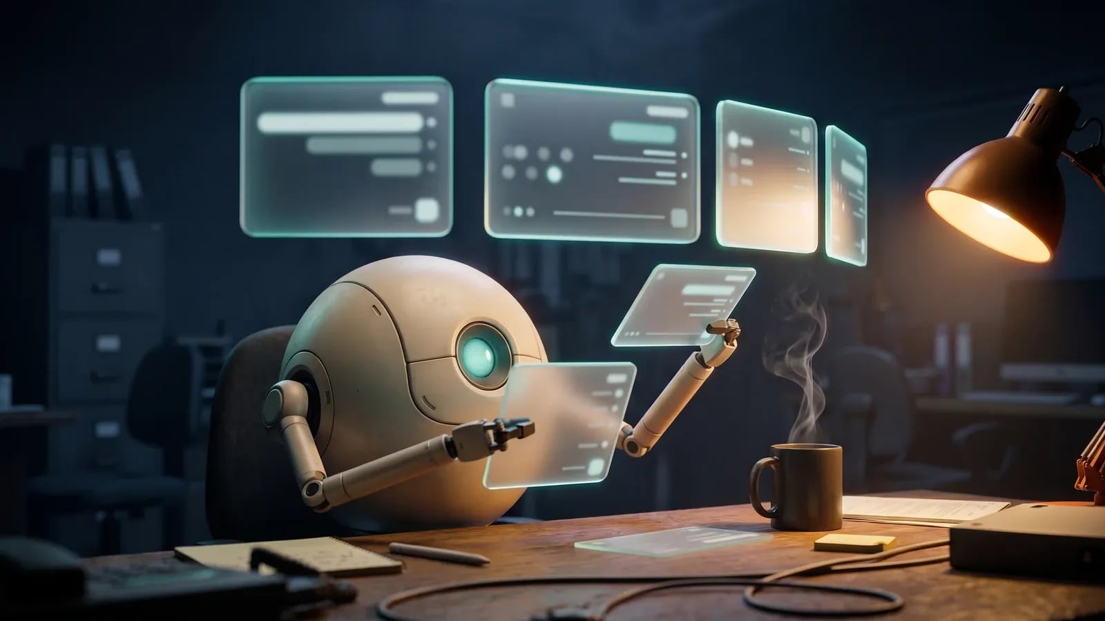 Petit robot rond manipulant plusieurs cartes de tâches translucides au-dessus d'un bureau la nuit, près d'une tasse de café fumante